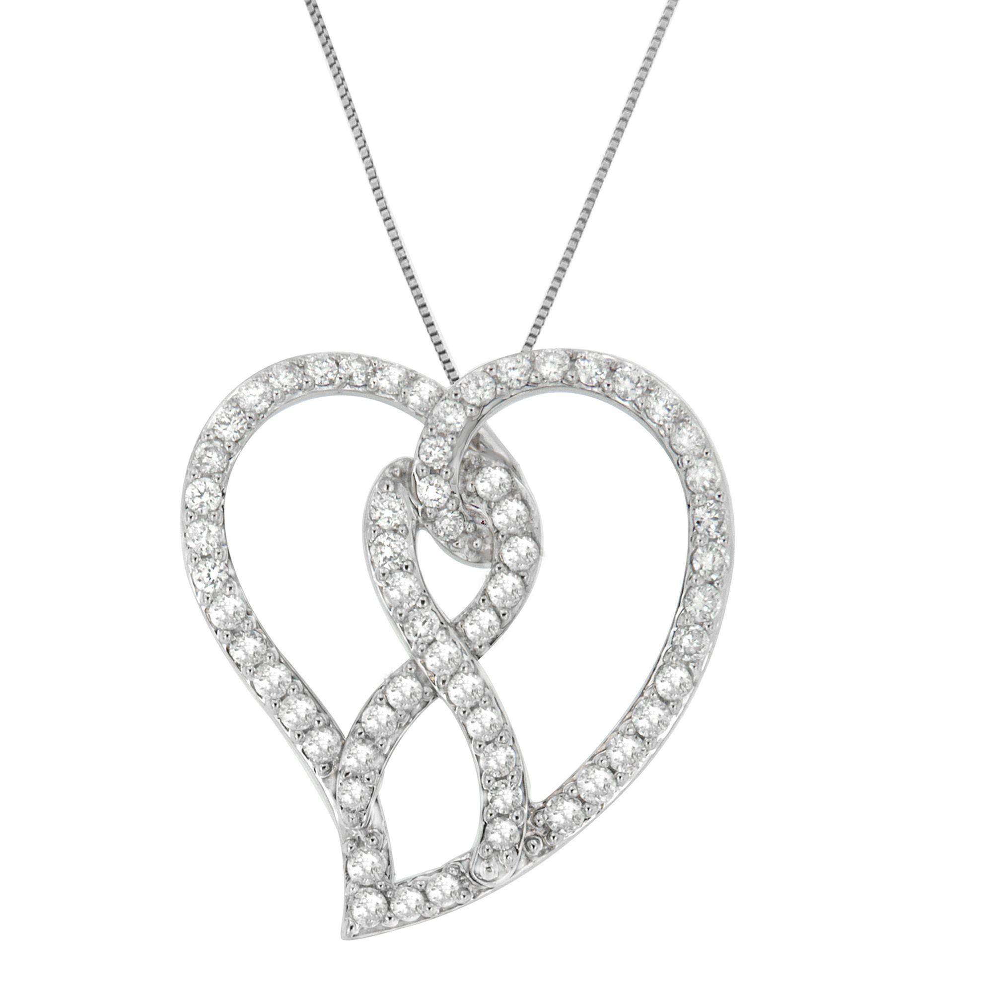 14K White Gold 1.0 Cttw White Diamond Awareness Ribbon & Open Heart 18" Pendant Necklace (H-I Color, I1-I2 Clarity) - White Diamond Ribbon-1