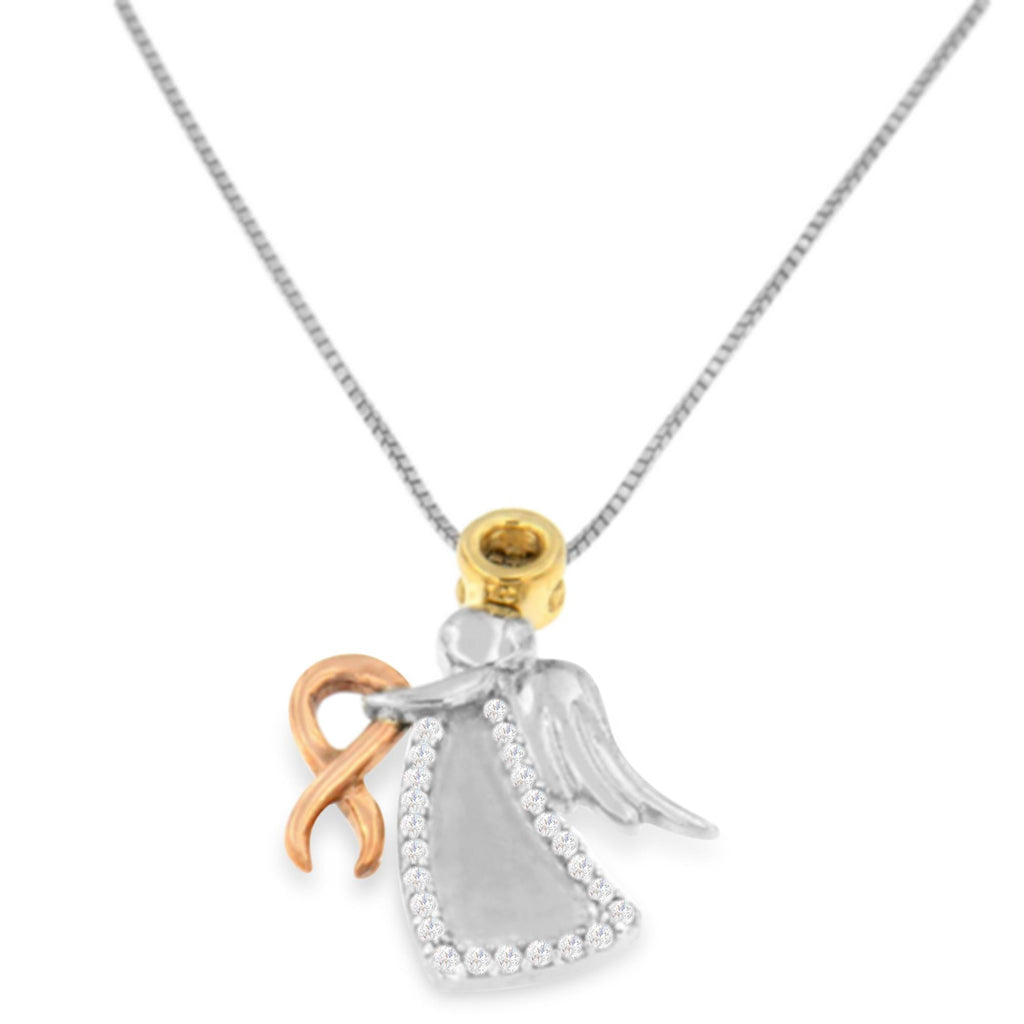 10K Tri-Color Gold Diamond-Accented Angel Awareness Ribbon Pendant Necklace (H-I Color, I1-I2 Clarity)-1