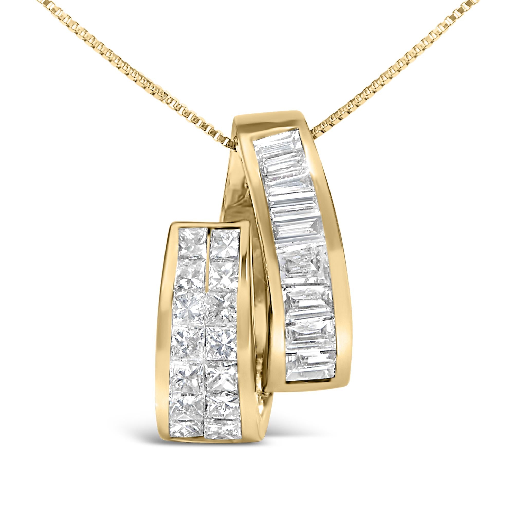 14K Yellow Gold 1 5/8 Cttw Princess and Baguette Diamond Duo Bar Pendant Necklace (G-H Color, VS2-SI1 Clarity) - 18"-1