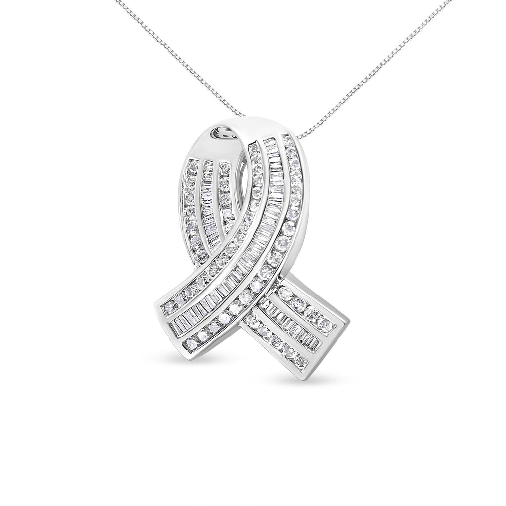 14K White Gold 2 5/8 Cttw Channel Set Round and Baguette Diamond Awareness Ribbon Pendant (H-I Color, I1-I2 Clarity) - Chain Not Included-1