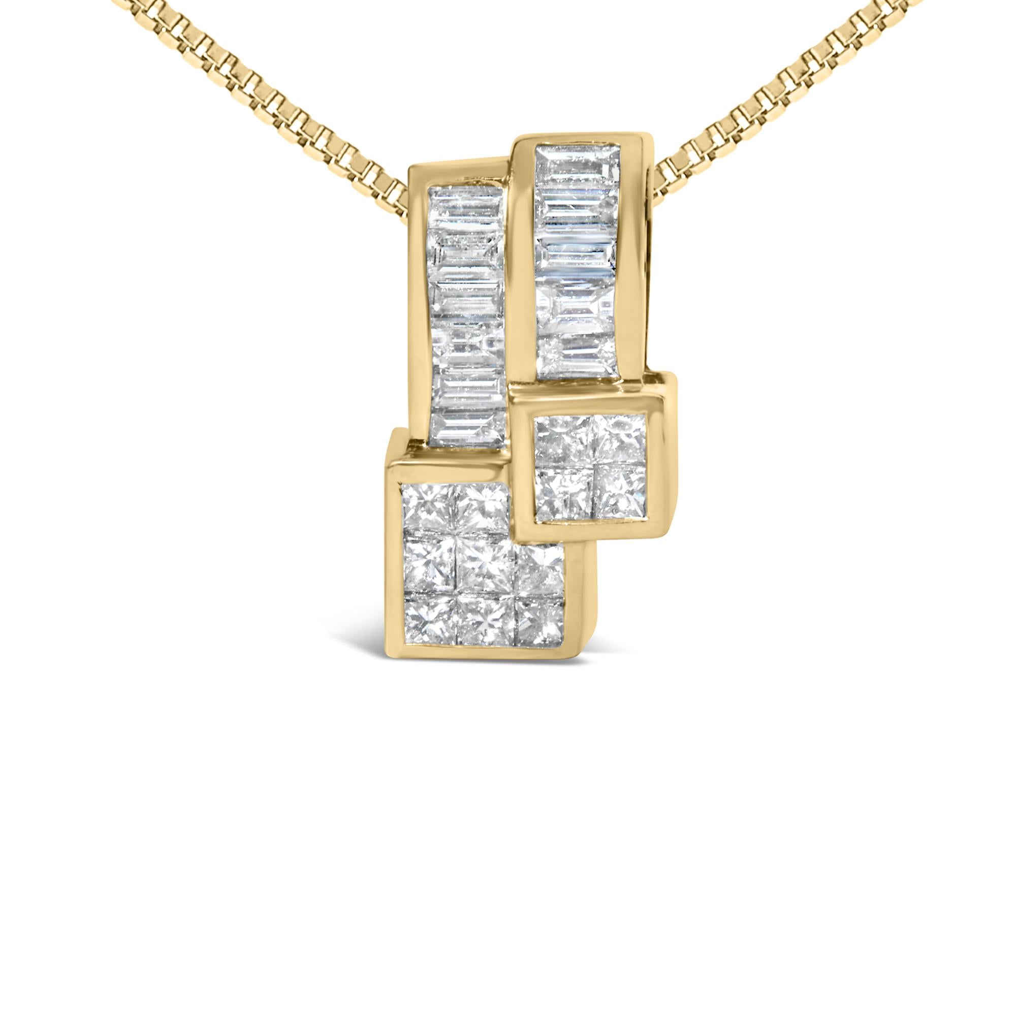 14K Yellow Gold 1 1/2 cttw Princess and Baguette Cut Diamond Geometric Pendant Necklace (H-I Color, VS1-VS2 Clarity)-1