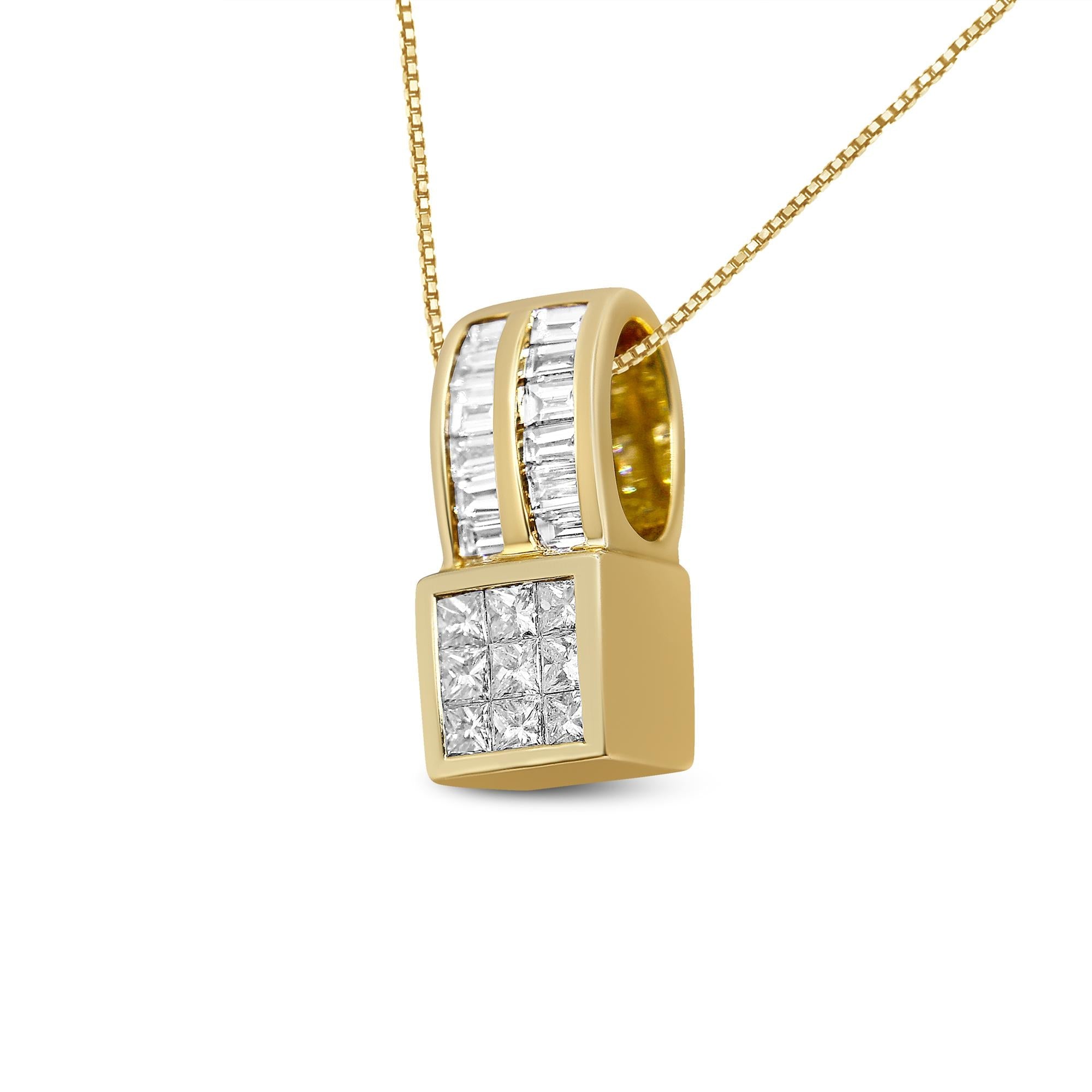 14K Yellow Gold 1 1/4 cttw Princess and Baguette Cut Geometric Inspired Diamond Pendant Necklace (H-I, VS1-VS2)-1