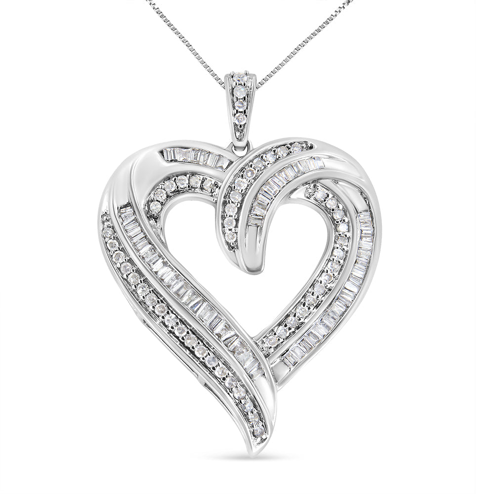 .925 Sterling Silver 3/4 Cttw Round and Baguette-Cut Diamond Open Heart 18" Pendant Necklace (I-J Color, I2-I3 Clarity)-2