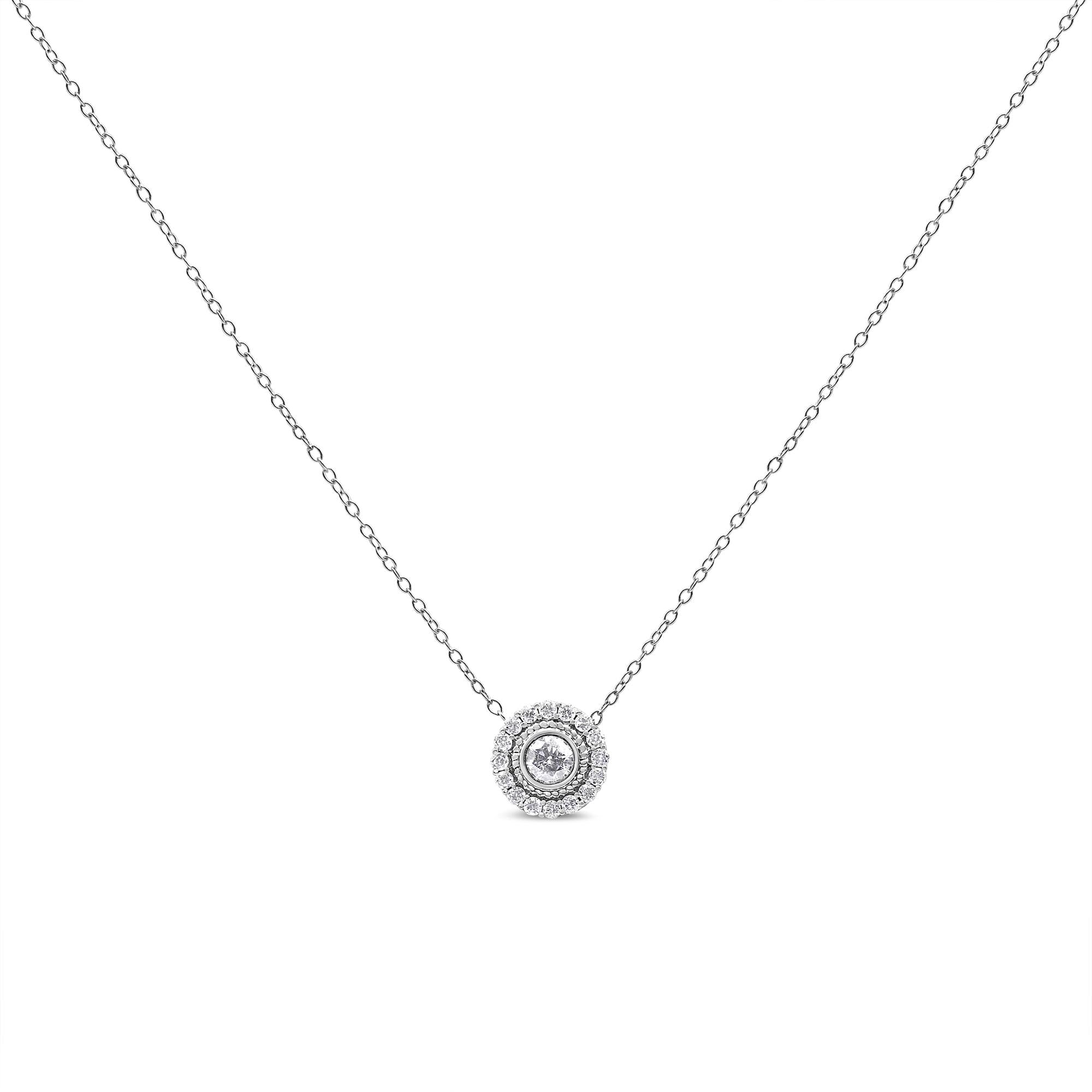 .925 Sterling Silver 1/2 Cttw Round Diamond Halo Circle Pendant 18" Necklace (I-J Color, I2-I3 Clarity)-1
