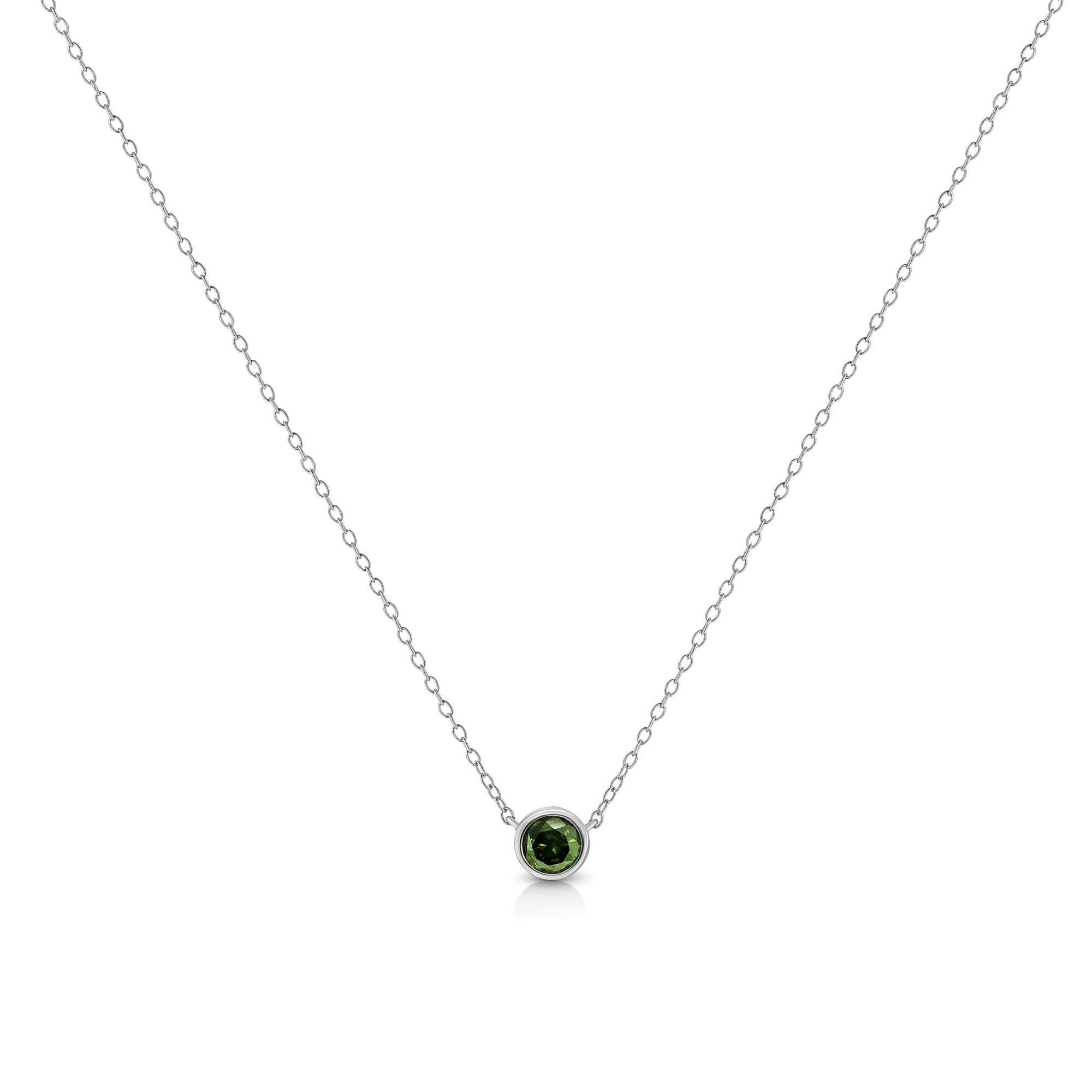 .925 Sterling Silver 1/5 Cttw Treated Green Diamond Solitaire Bezel 18" Pendant Necklace (Green Color, I1-I2 Clarity)-1