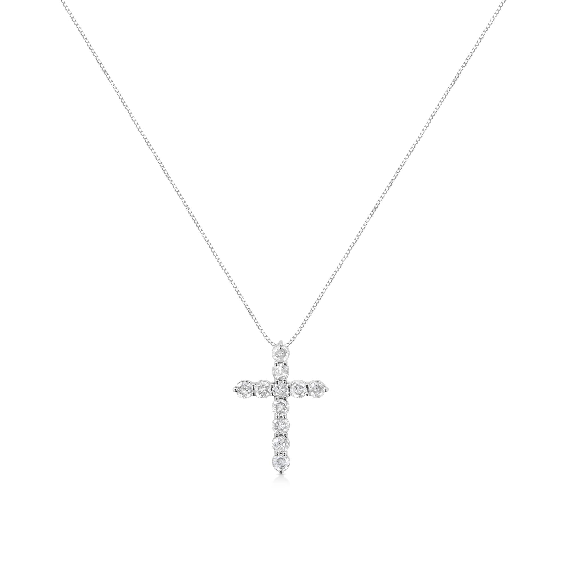.925 Sterling Silver 1.0 Cttw Prong Set Round-Cut Diamond Cross 18" Pendant Necklace (I-J Color, I2-I3 Clarity)-1