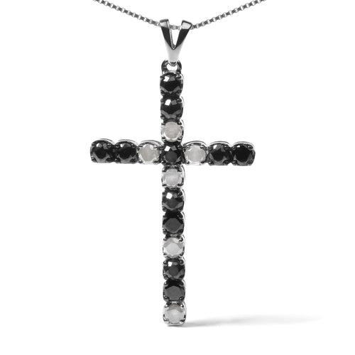 .925 Sterling Silver 1.0 Cttw Black and White Diamond Alternating Classic Cross 18" Pendant Necklace (Black/I-J Color, I3 Clarity)"-1