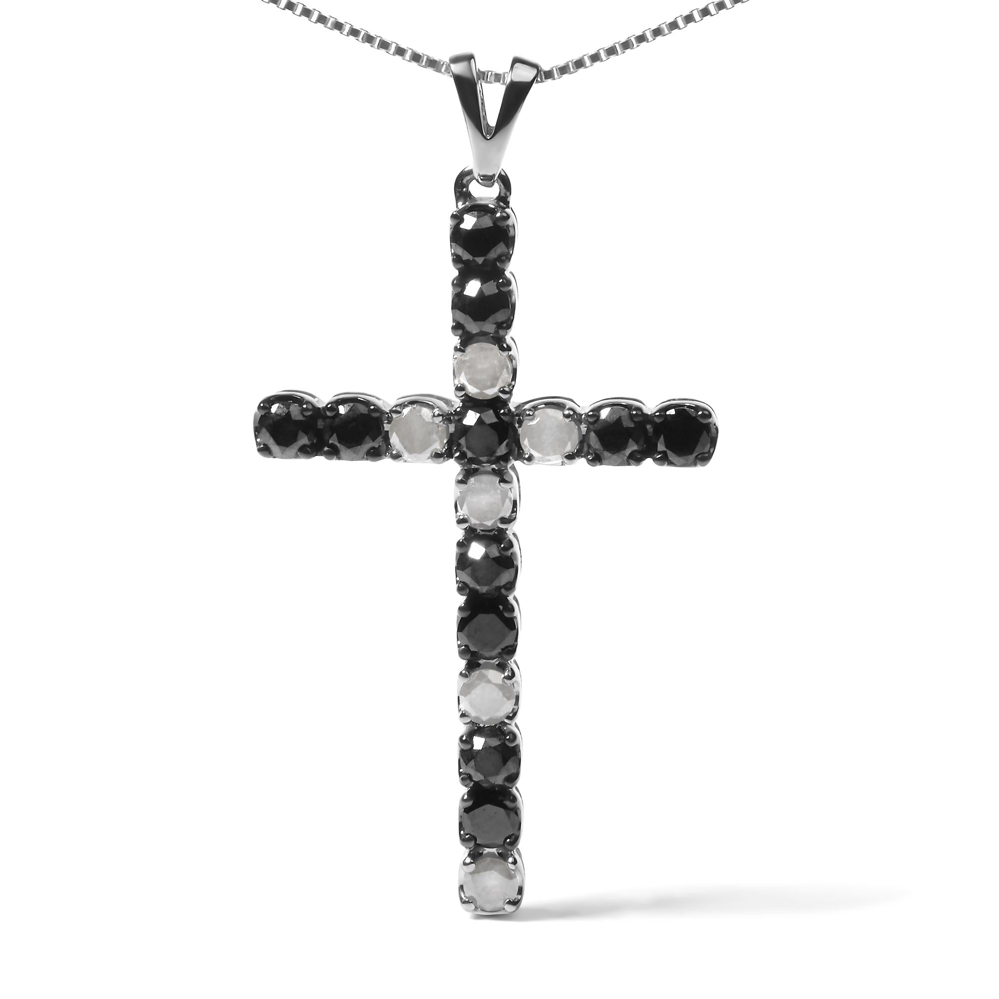 .925 Sterling Silver 2.0 Cttw Prong Set Round Natural Treated Black and White Diamond Cross Pendant Necklace - 18" (Black/H-I Color, I3 Clarity)-1
