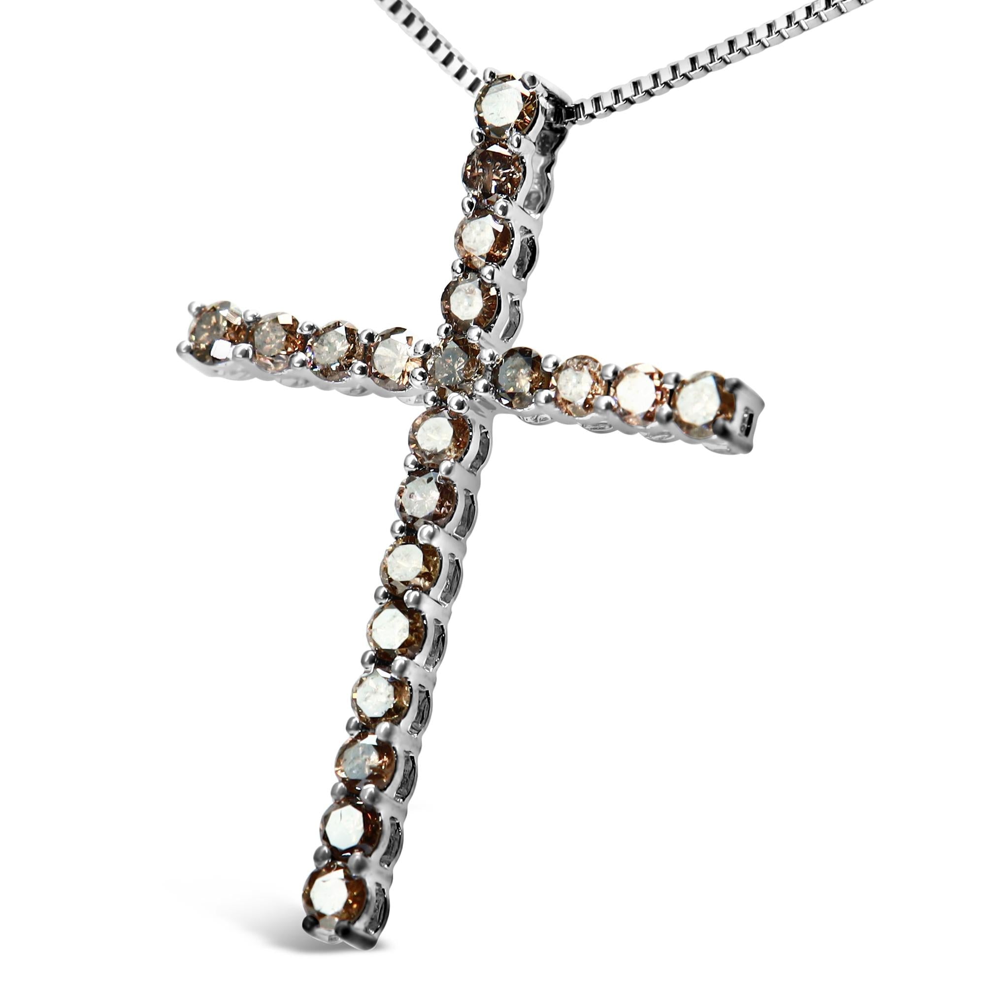 .925 Sterling Silver 1.0 Cttw Champagne Diamond Gold Cross Pendant Necklace for Women (Champagne Color, I1-I2 Clarity)- 18 inch-4