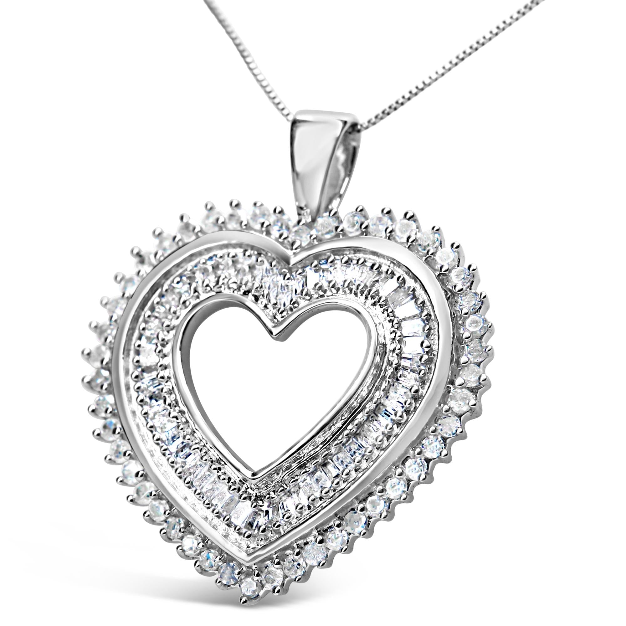 .925 Sterling Silver 1.0 Cttw Baguette and Round Diamond  Heart Pendant 18" Necklace (H-I Color, I3 Clarity)-1
