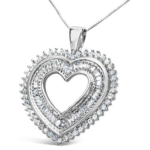 .925 Sterling Silver 1.0 Cttw Baguette and Round Diamond  Heart Pendant 18" Necklace (H-I Color, I3 Clarity)-1