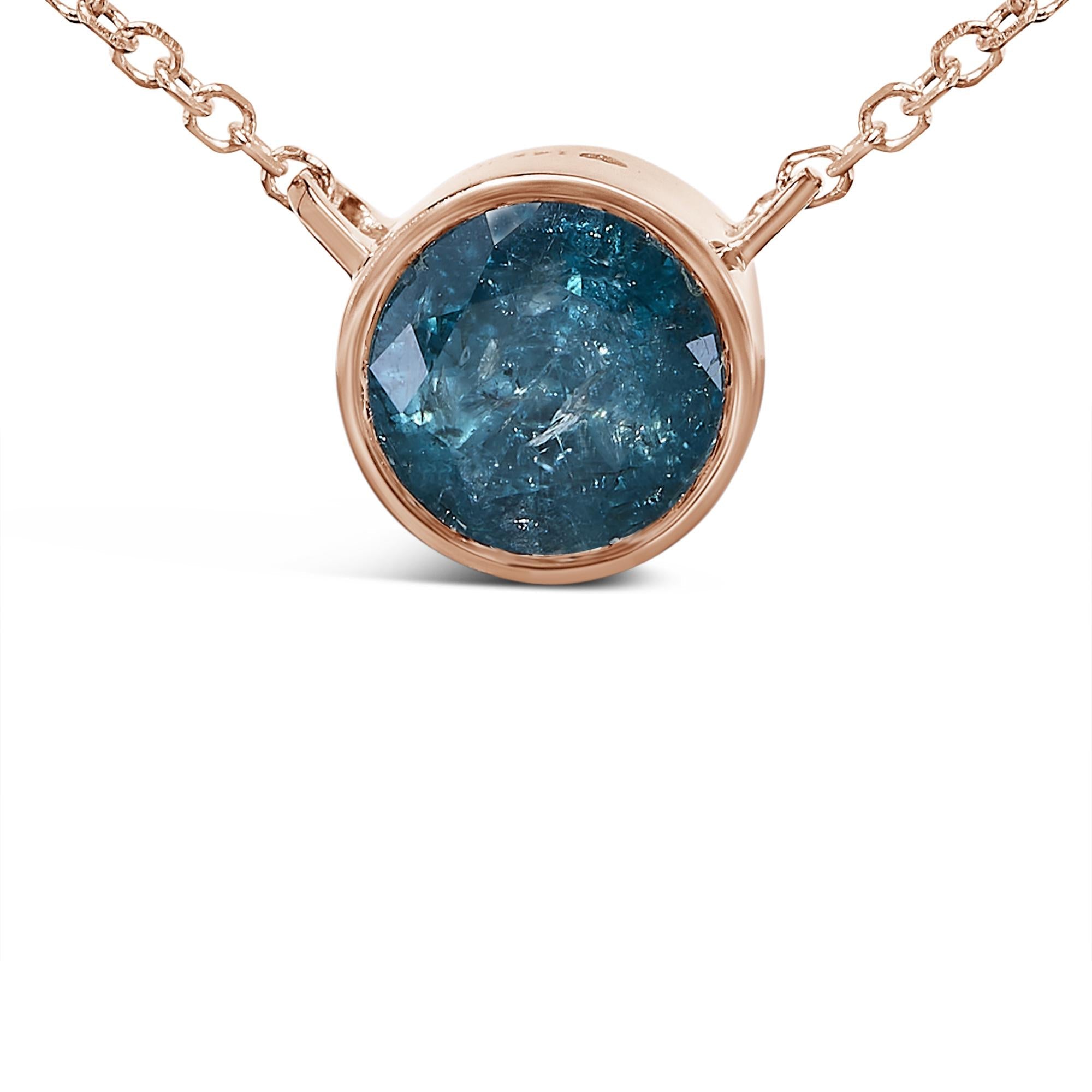 14K Rose Gold 2.0 Cttw Bezel Set Blue Diamond Solitaire Pendant Necklace  - 18" Inches-1
