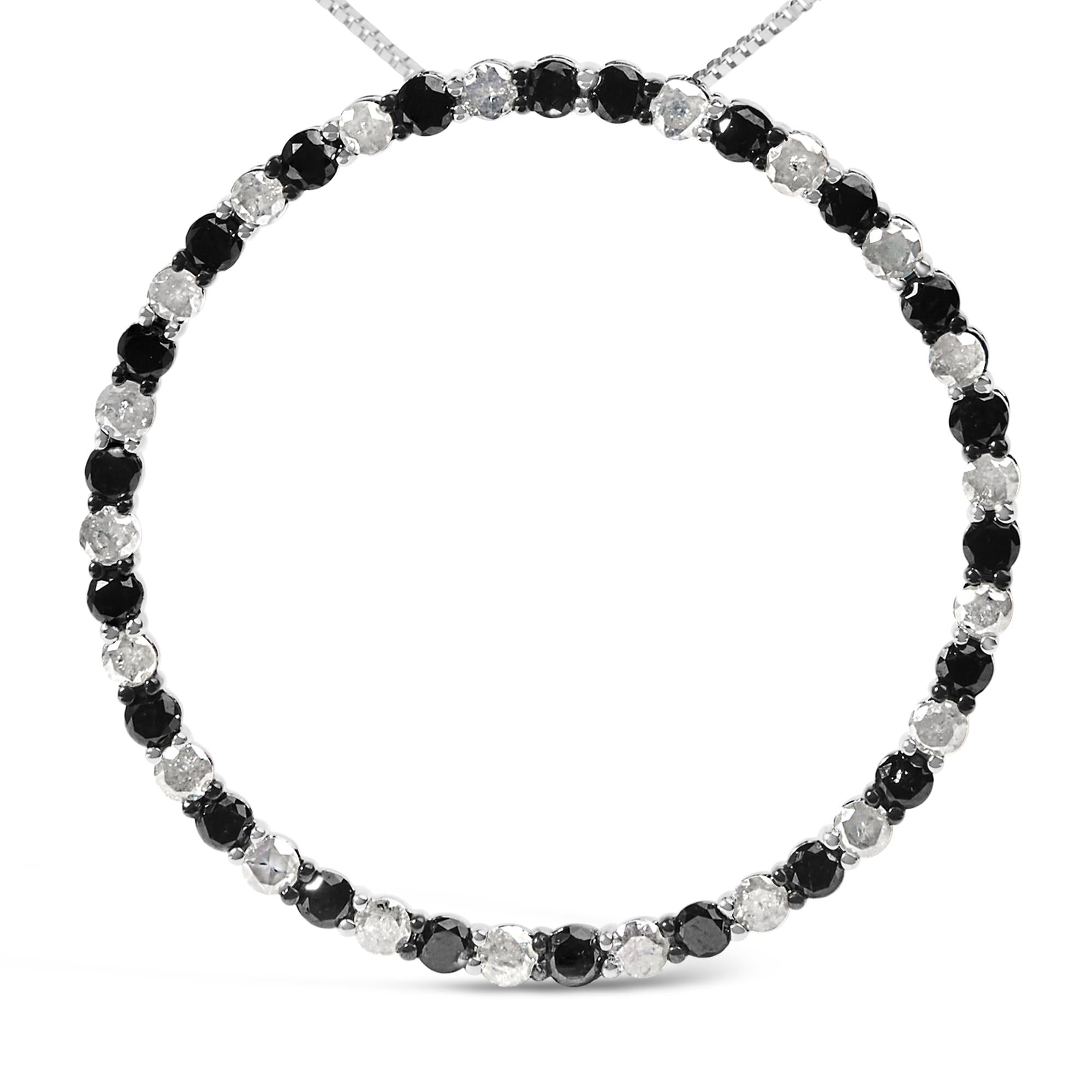 .925 Sterling Silver 3.0 Cttw Alternating Black and White Diamond Open Hoop Circle Pendant Necklace (H-I Color, I3 Clarity) - 18" Inches-1