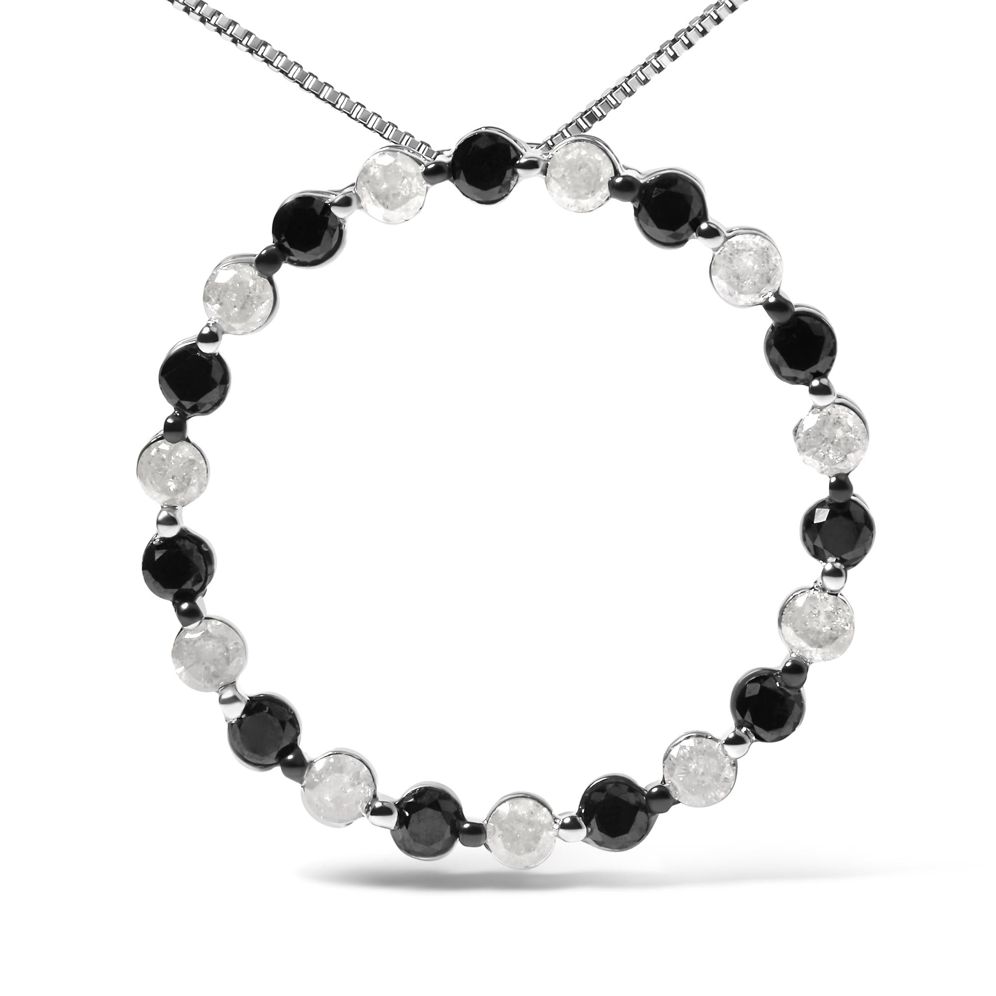 .925 Sterling Silver 1 3/4 Cttw Alternating Black and White Diamond Open Circle Hoop Pendant Necklace (H-I Color, I2-I3 Clarity) - 18" Inches-1
