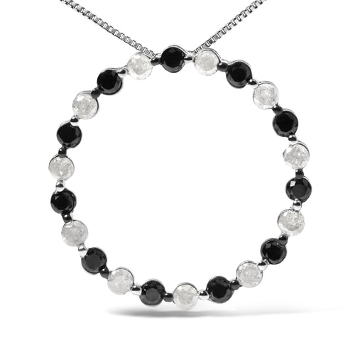 .925 Sterling Silver 1 3/4 Cttw Alternating Black and White Diamond Open Circle Hoop Pendant Necklace (H-I Color, I2-I3 Clarity) - 18" Inches-1