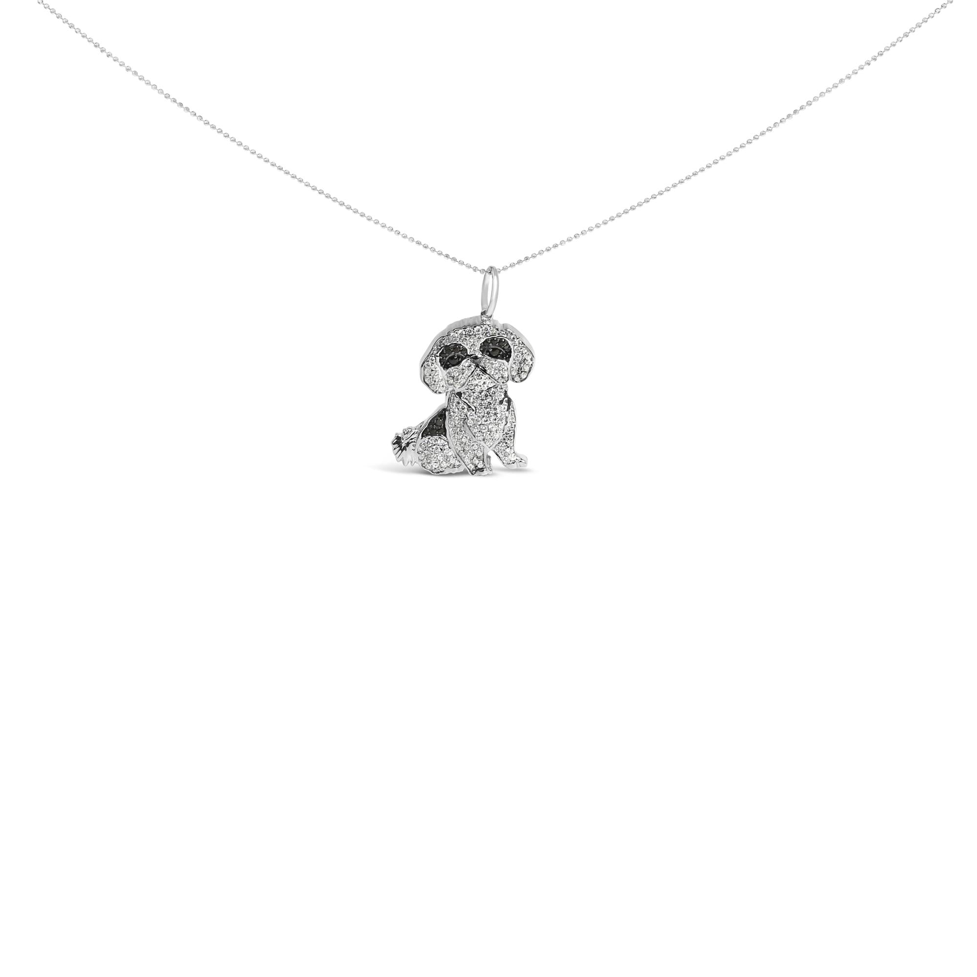 .925 Sterling Silver 1 1/4 Cttw Diamond Shih Tzu Dog Pendant Necklace 18 inch (Black and I-J Color, I2-I3 Clarity)-1
