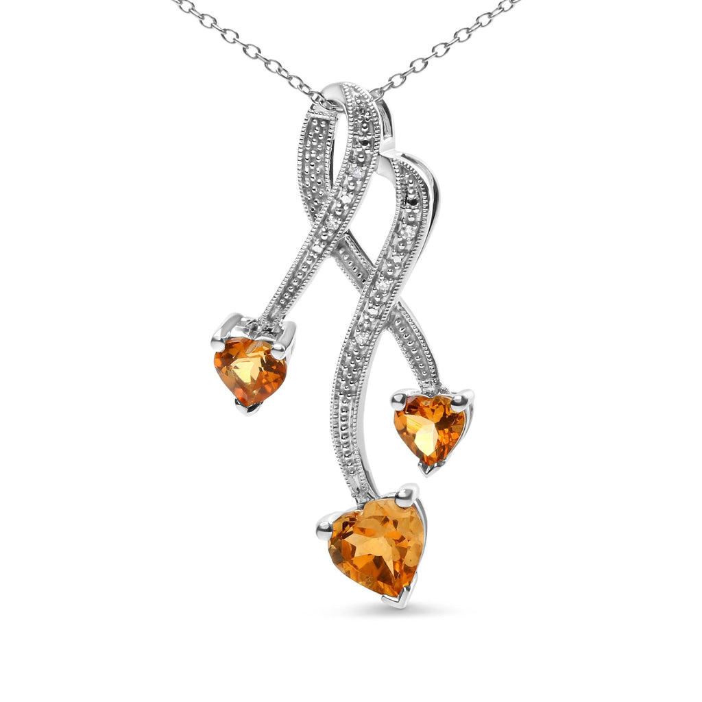 .925 Sterling Silver 3-Stone Heart Shape Citrine and Diamond Accent Spiral Drop 18" Pendant Necklace (H-I Color, SI1-SI2 Clarity)-1