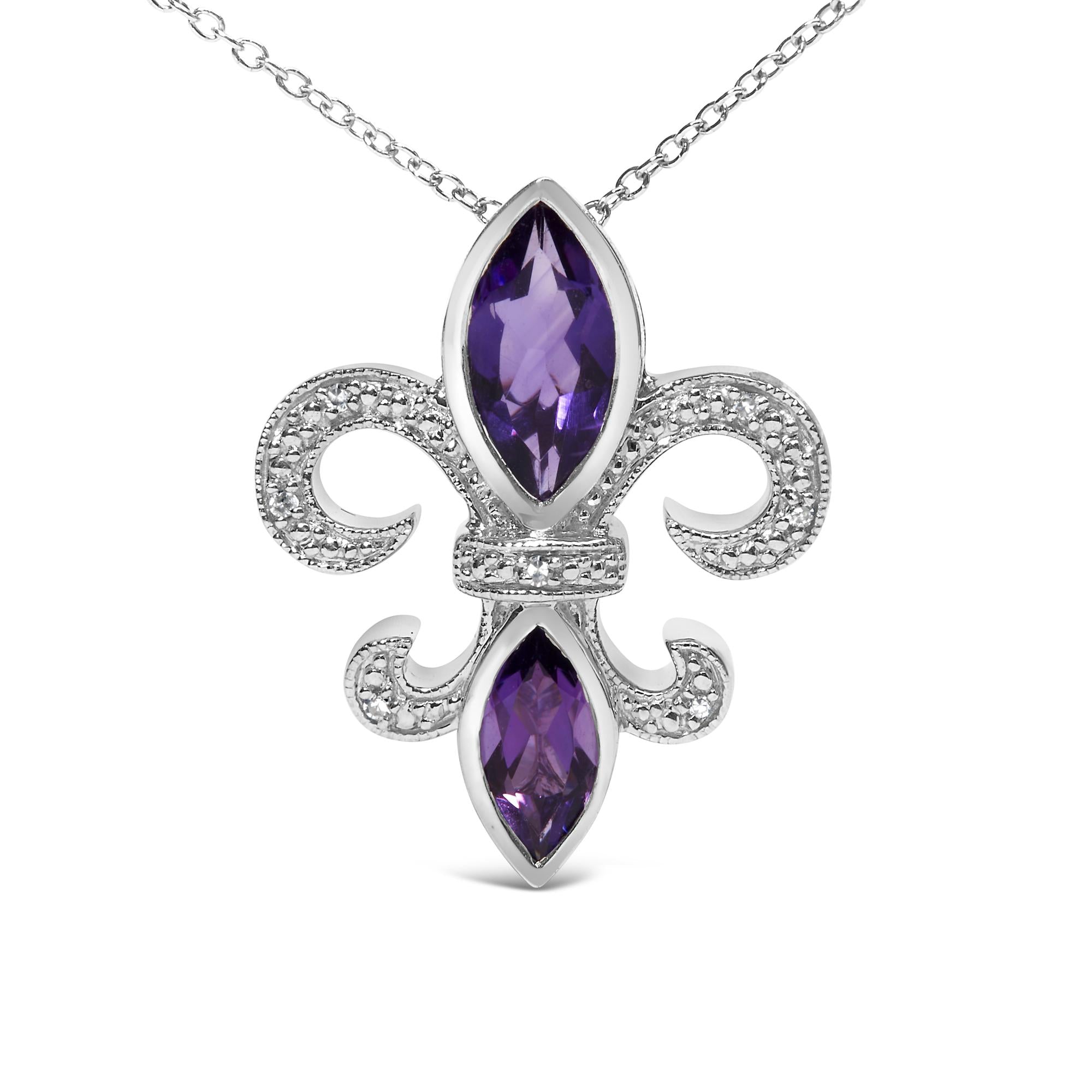 .925 Sterling Silver Purple Amethyst Marquise and Diamond Accent Fleur De Lis Pendant Necklace (H-I Color, SI1-SI2 Clarity) - Size 18"-1