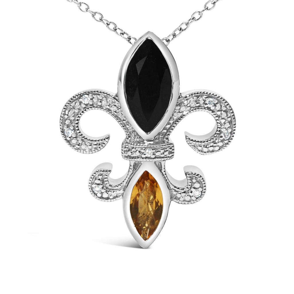 .925 Sterling Silver Marquise Onyx and Citrine and Diamond Accent Fleur De Lis Pendant Necklace (H-I Color, SI1-SI2 Clarity) - 18"-1