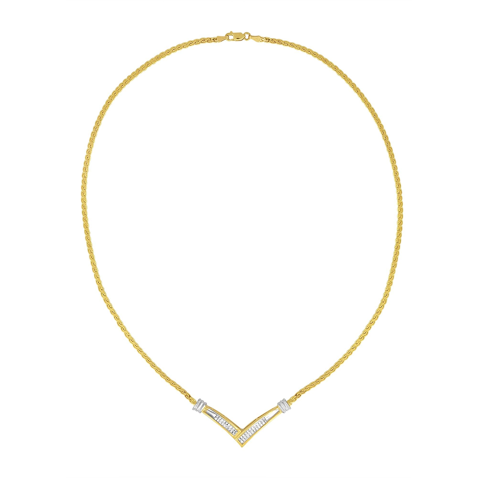 10K Yellow and White Gold 1/2 Cttw Princess Cut Diamond Channel-Set “V” Shape 18" Franco Chain Necklace (H-I Color, SI2-I1 Clarity)-1