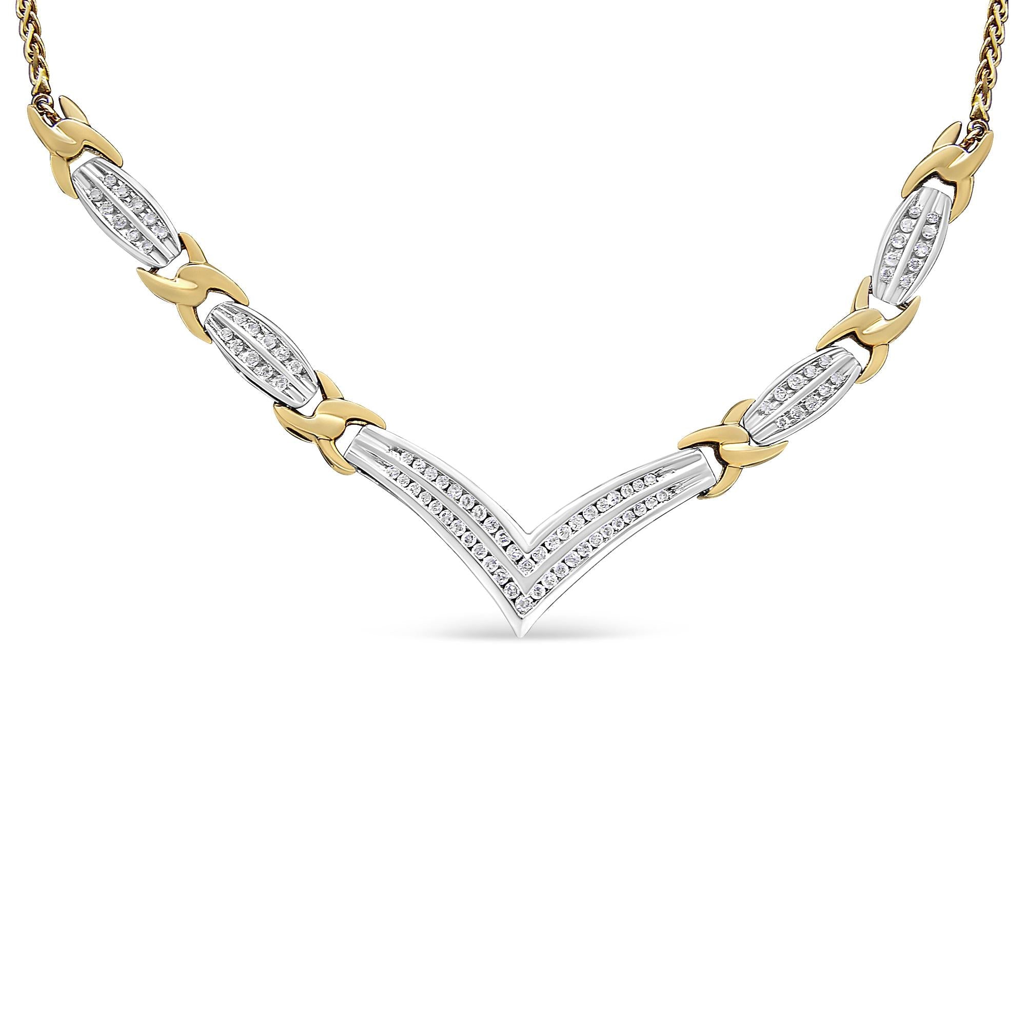 10K Yellow and White Gold 1.0 Cttw Round and Princess cut Diamond "V" Shape Statement Necklace (I-J Color, I1-I2 Clarity)-1
