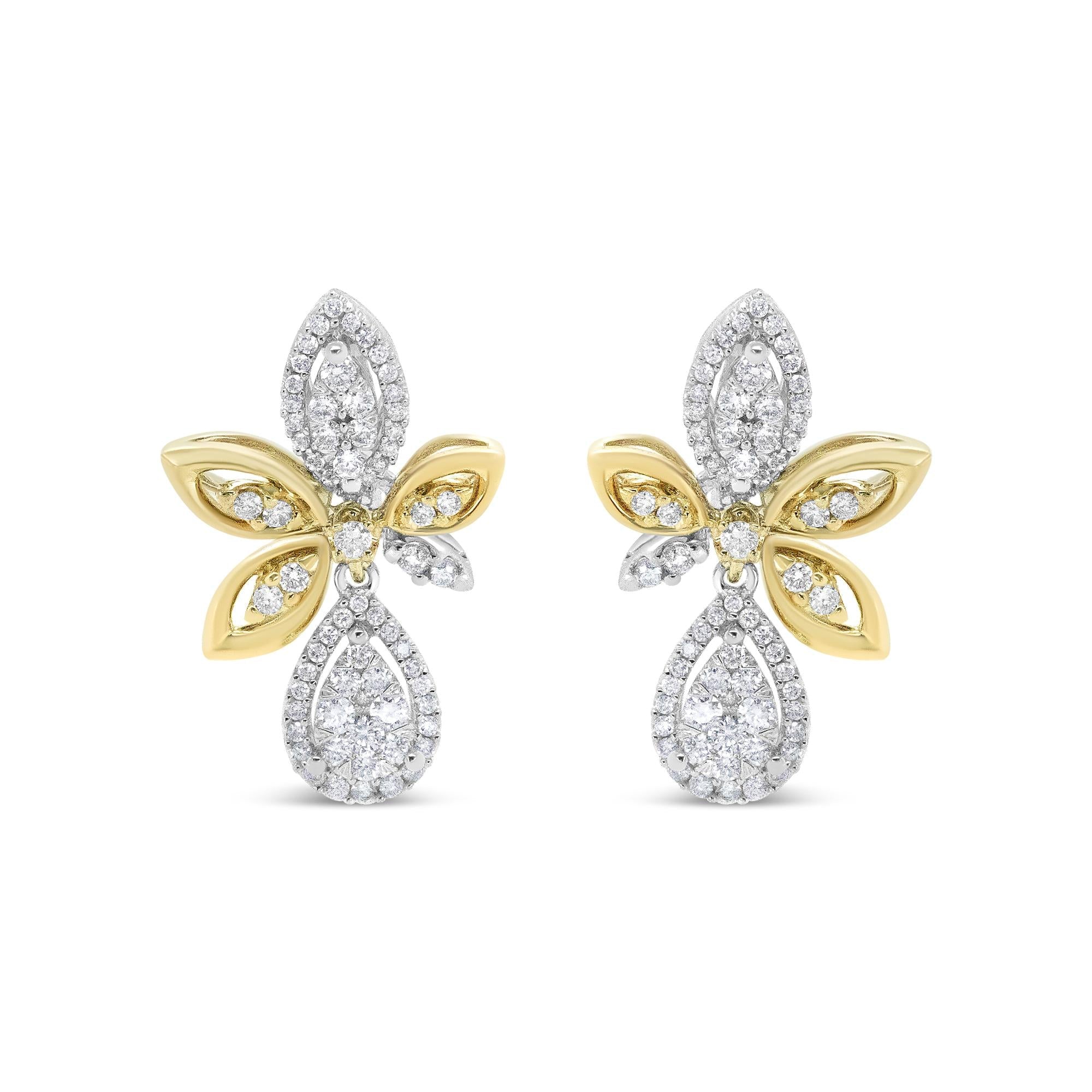 14K White and Yellow Gold 1.00 Cttw Round Pave-Set Diamond Teardrop and Marquise Shape Drop Dangle Earrings (H-I Color, SI1-SI2 Clarity)-1