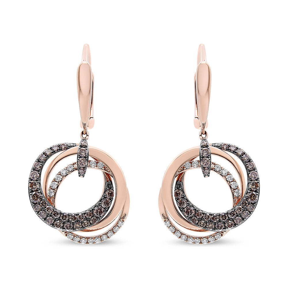 14K Rose Gold 1.00 Cttw White and Brown Diamond Intertwining Hoops and Circle Dangle Earrings (H-I/Brown Color, SI1-SI2 Clarity)-1