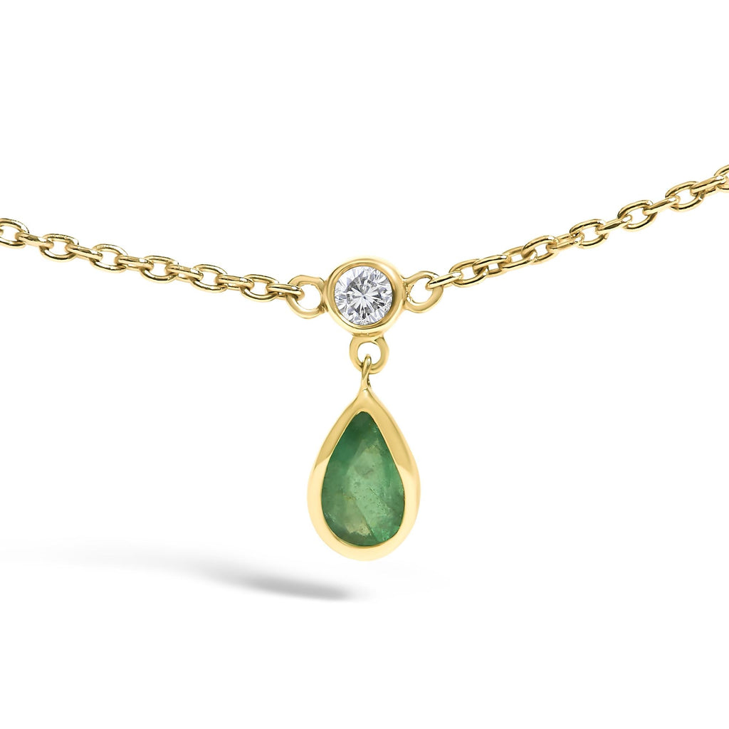 10K Yellow Gold Dangling 5x3 mm Green Emerald and Diamond Station Necklace - 18" Inches-1
