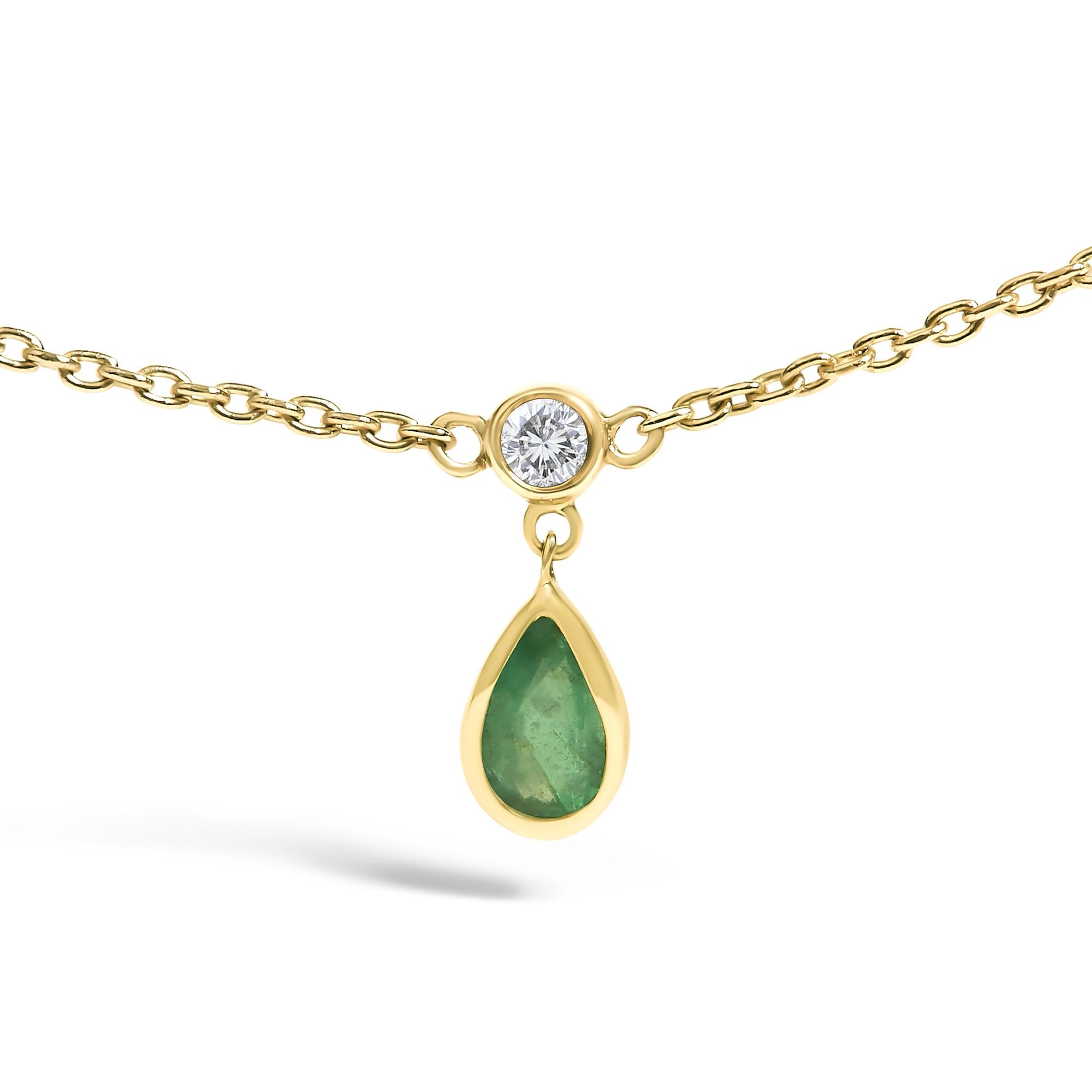 10K Yellow Gold Dangling 5x3 mm Green Emerald and Diamond Station Necklace - 18" Inches-1