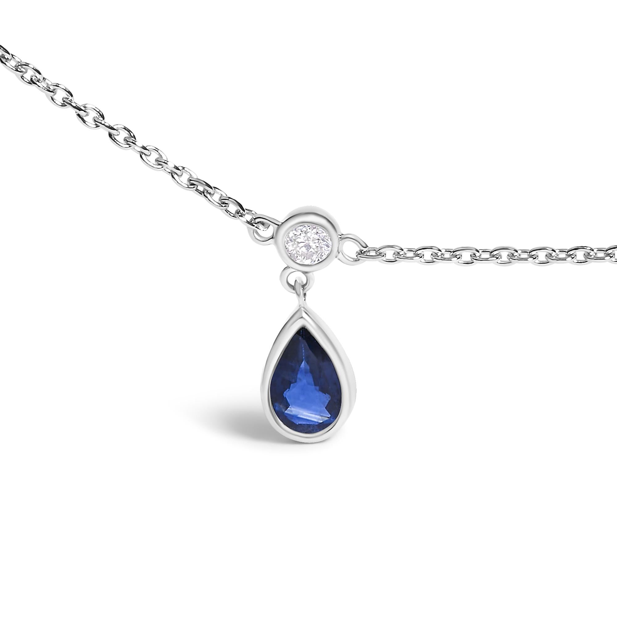 10K White Gold Dangling 5x3 mm Pear Blue Sapphire and Diamond Station Necklace - 18" Inches-1