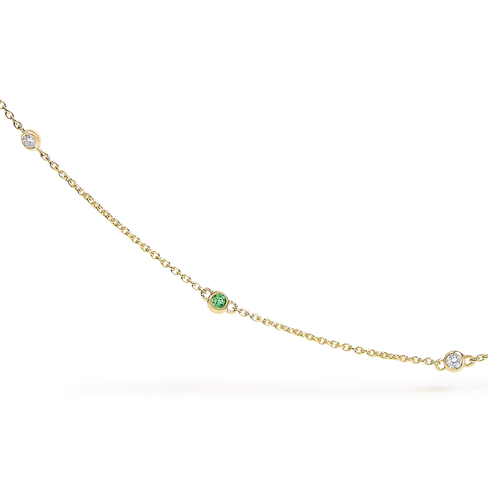 14K Yellow Gold Bezel Set Alternating Green Emerald and Diamond Station Necklace - 18" Inches-1