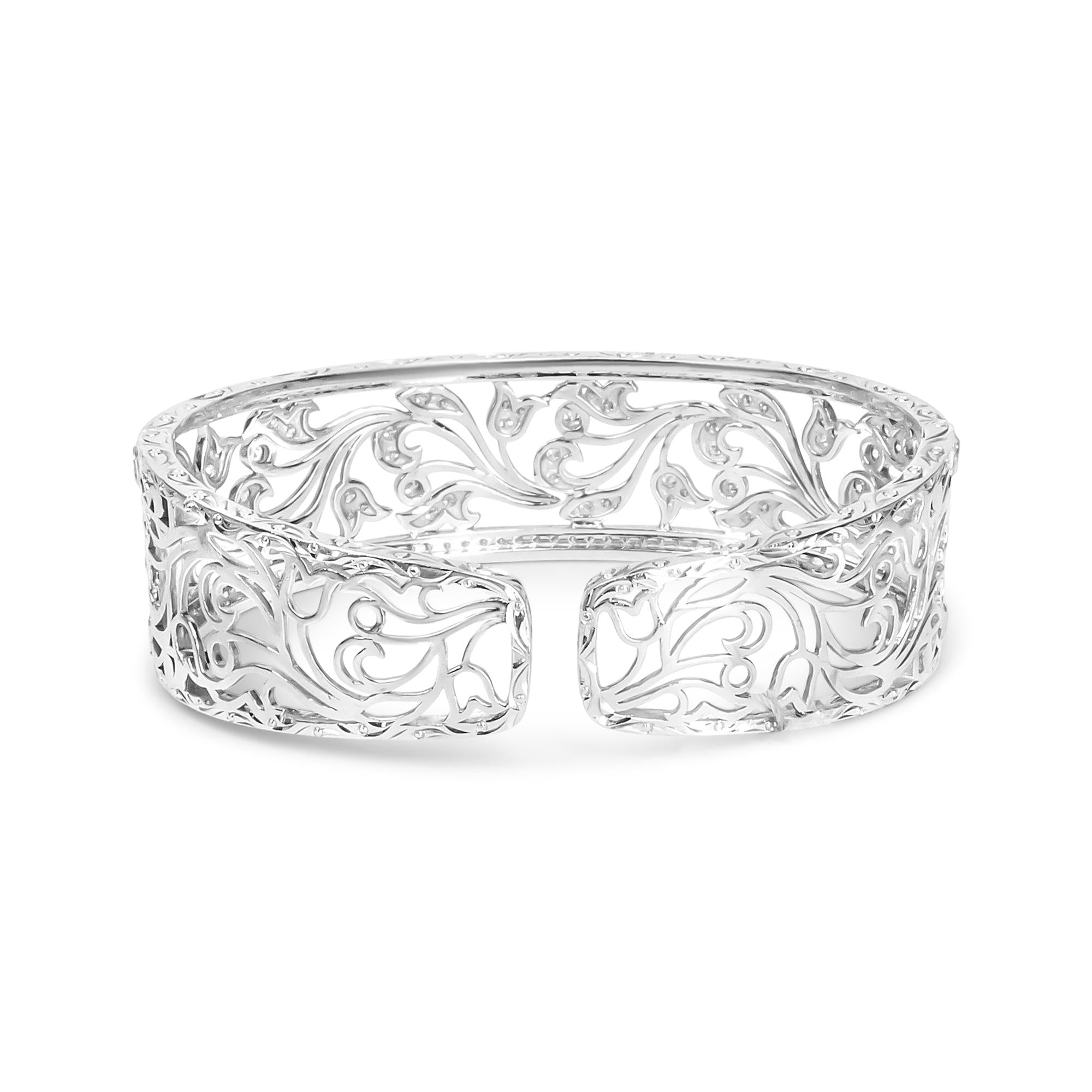 18K White Gold 3 1/4 Cttw Pave Diamond Openwork Floral Filigree Swirl Bangle Cuff Bracelet (H-I Color, VS2-SI1 Clarity)-1