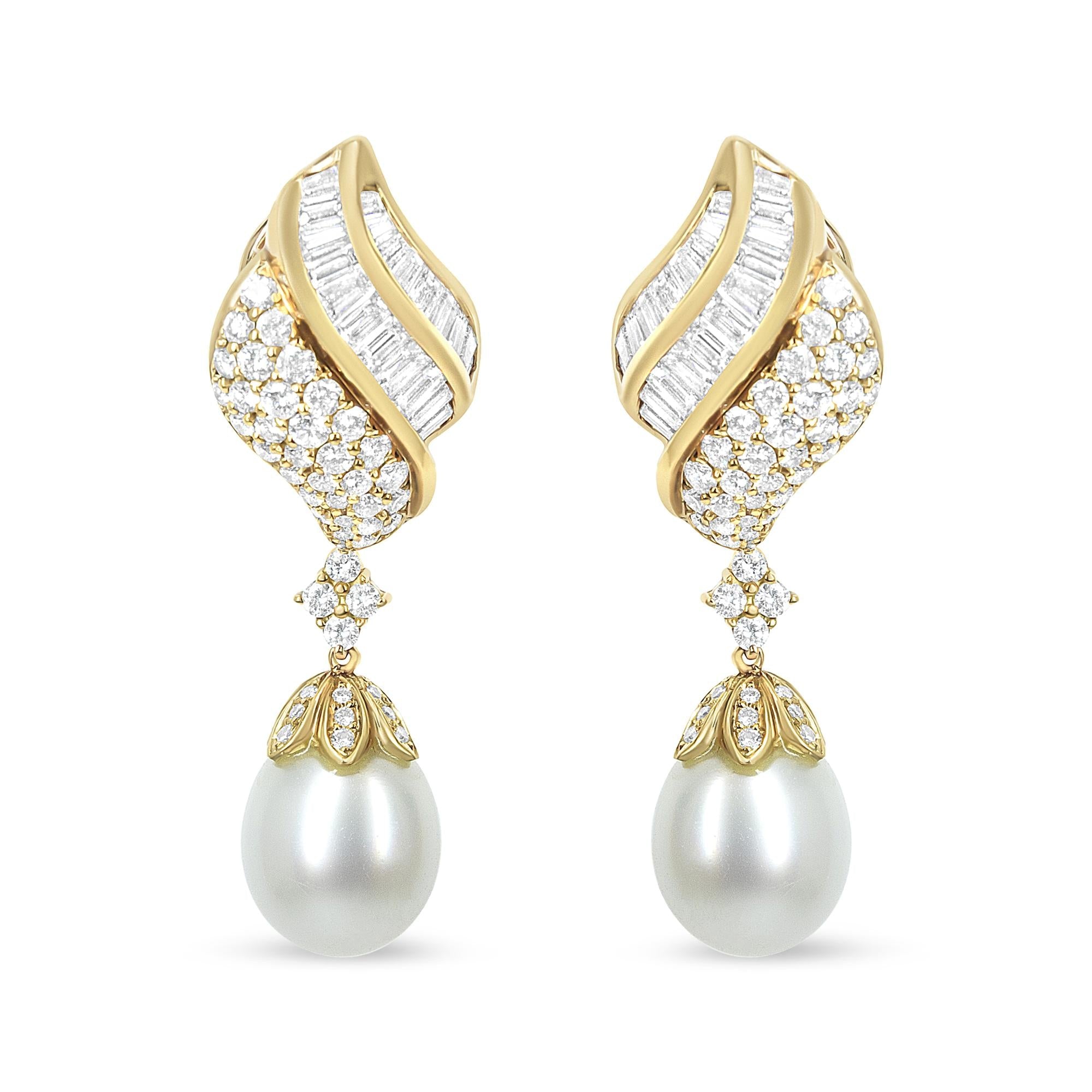 18k Yellow Gold 7.0 Cttw Baguette and Round Diamond South Sea Pearl Drop Dangle Clip-On Earrings (F-G Color, VS1-VS2 Clarity)-1