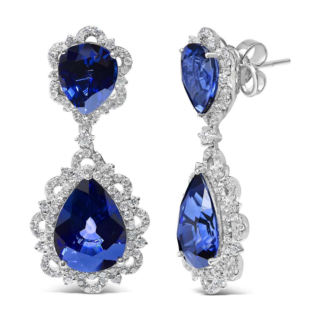 18K White Gold Blue Sapphire and Diamond 2.00 Cttw Diamond Halo Drop and Dangle Earring (G-H Color, SI1-SI2 Clarity)-1