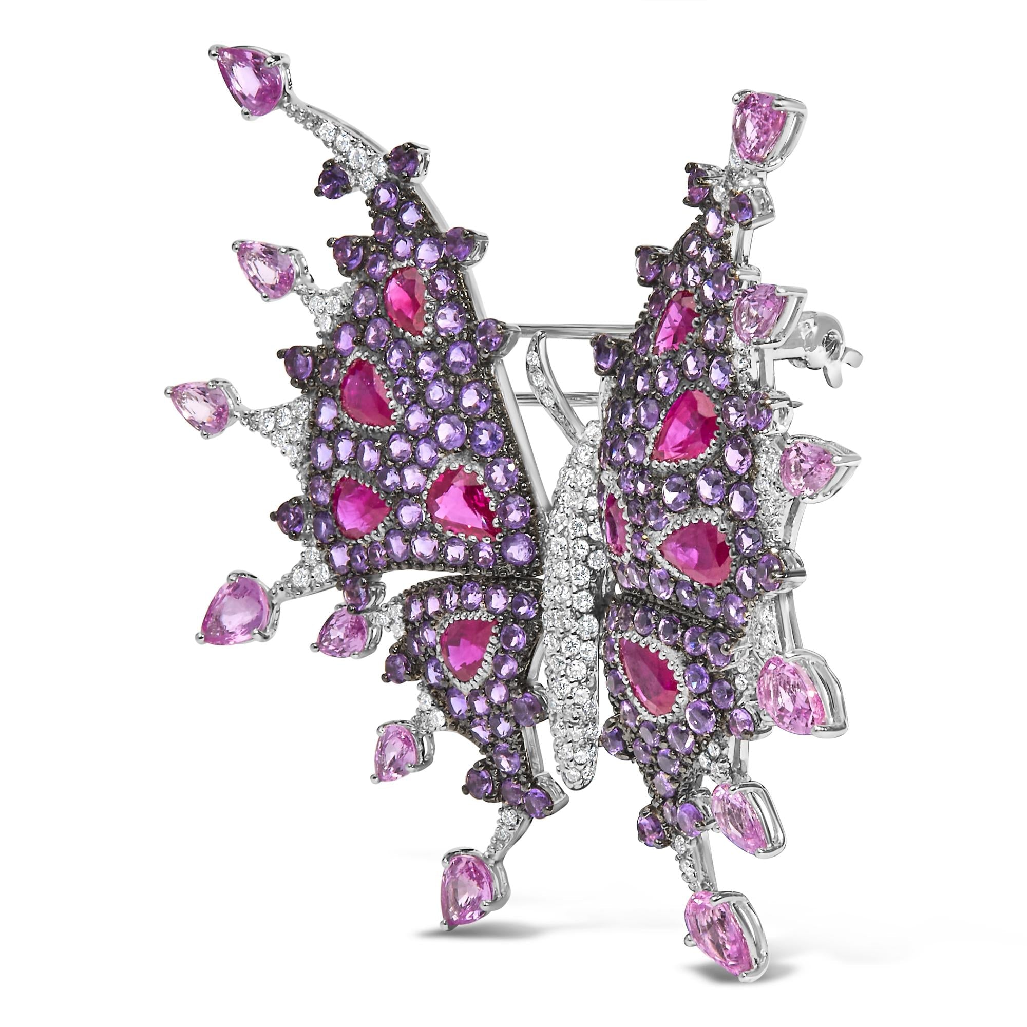 18K White Gold 1.00 Cttw Diamond, Ruby  Sapphire, and Amethyst Mixed Gemstone Butterfly Brooch Pin (G-H Color, VS1-VS2 Clarity)-1