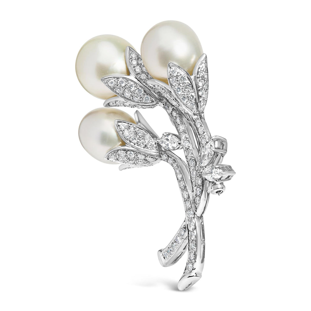 18K White Gold 2 1/5 Cttw Diamond and South Sea Pearl Floral Brooch Pin (G-H Color, VS1-VS2 Clarity)-1