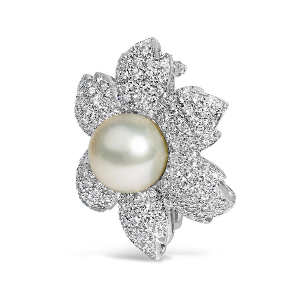 18K White Gold 2 3/4 Cttw Diamond and 12.5 MM Cultured Freshwater Pearl Floral Brooch Pin (G-H Color, VS1-VS2 Clarity)-1