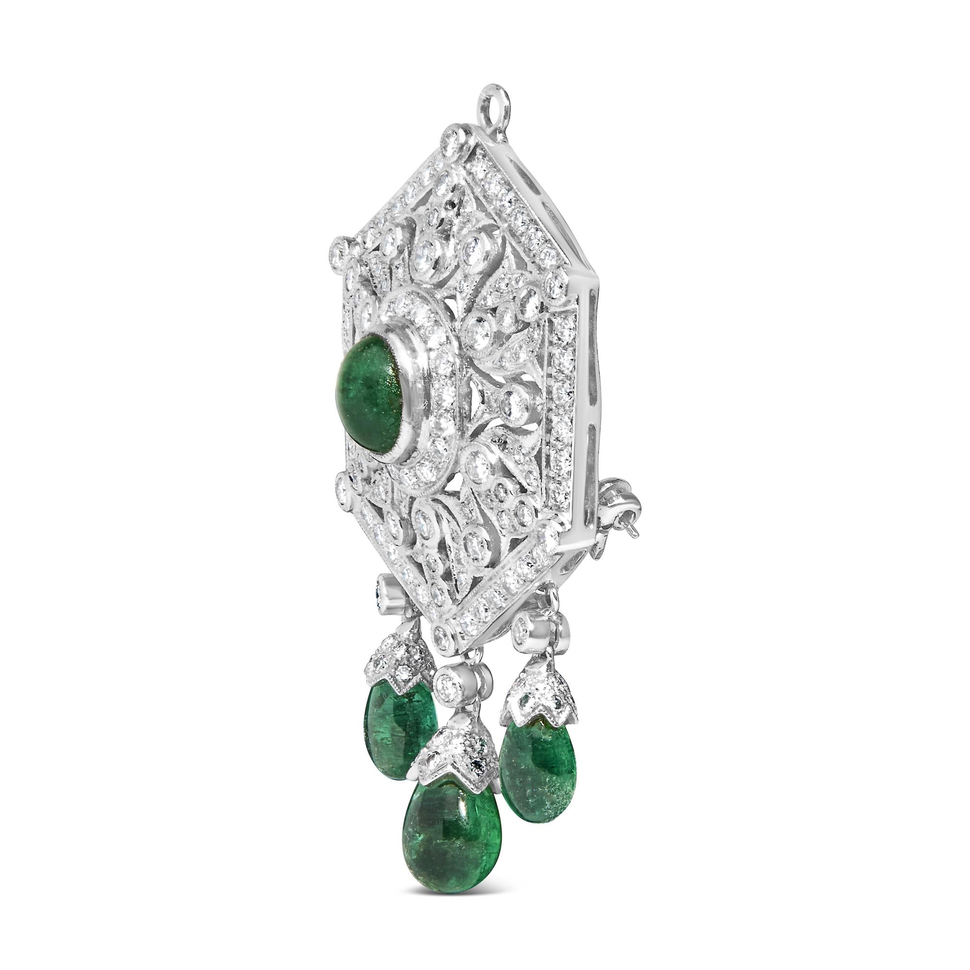 18K 2 3/4 Cttw Diamond and Emerald Dangle Art Deco Shield Brooch Pin Pendant (G-H Color, VS1-VS2 Clarity) CHAIN NOT INCLUDED-1