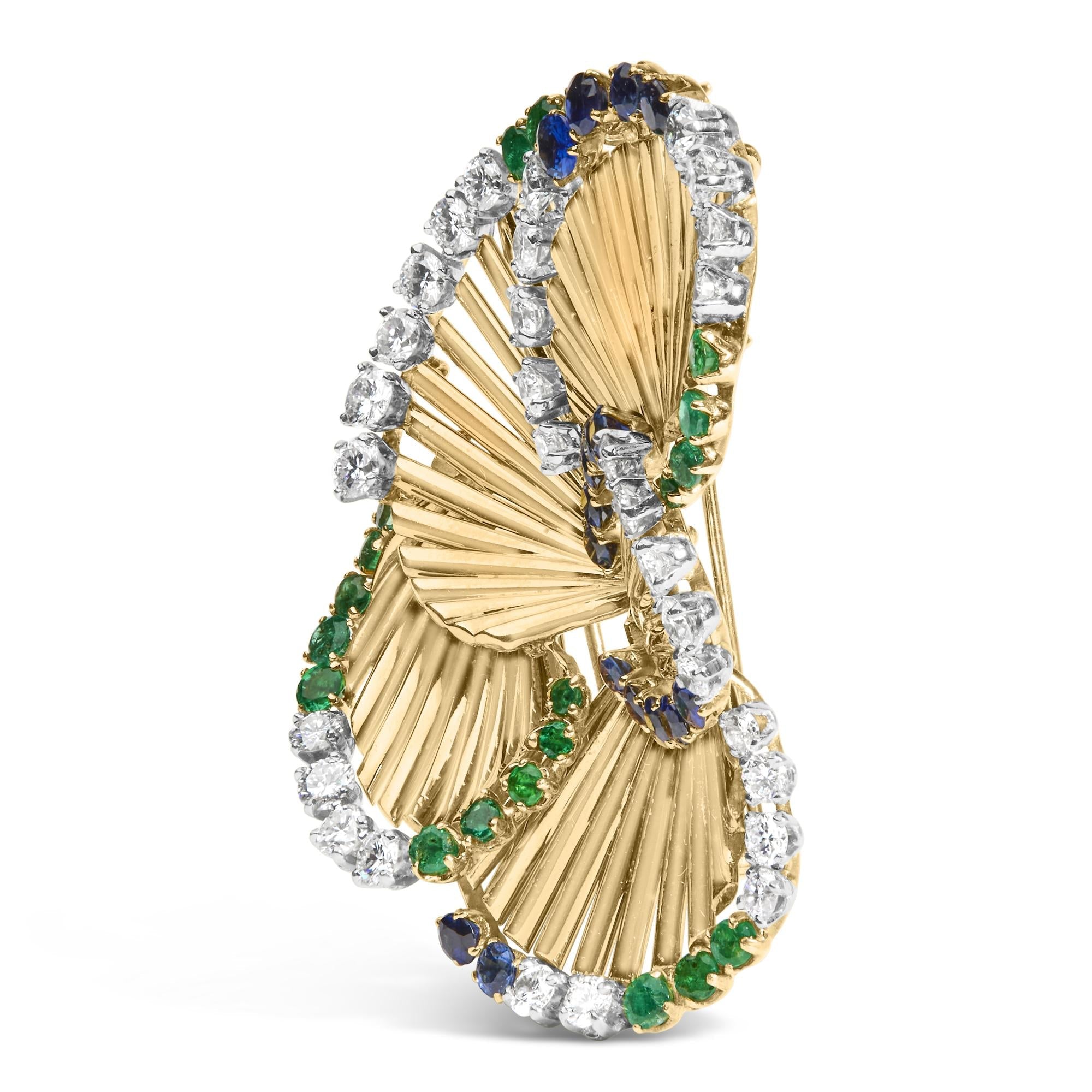 18K Yellow Gold 2 1/3 Cttw Diamond, Sapphire, and Emerald Sculpted Petal Brooch Pin (G-H Color, VS1-VS2 Clarity)-1
