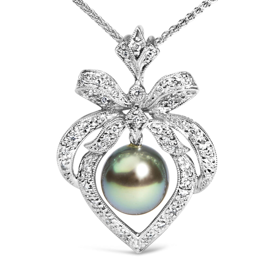 18K 3/4 Cttw Diamond and 12.5 MM Cultured Black Tahitian Pearl Heart Pendant Necklace (G-H Color, SI1-SI2 Clarity) - 18" Inches-1
