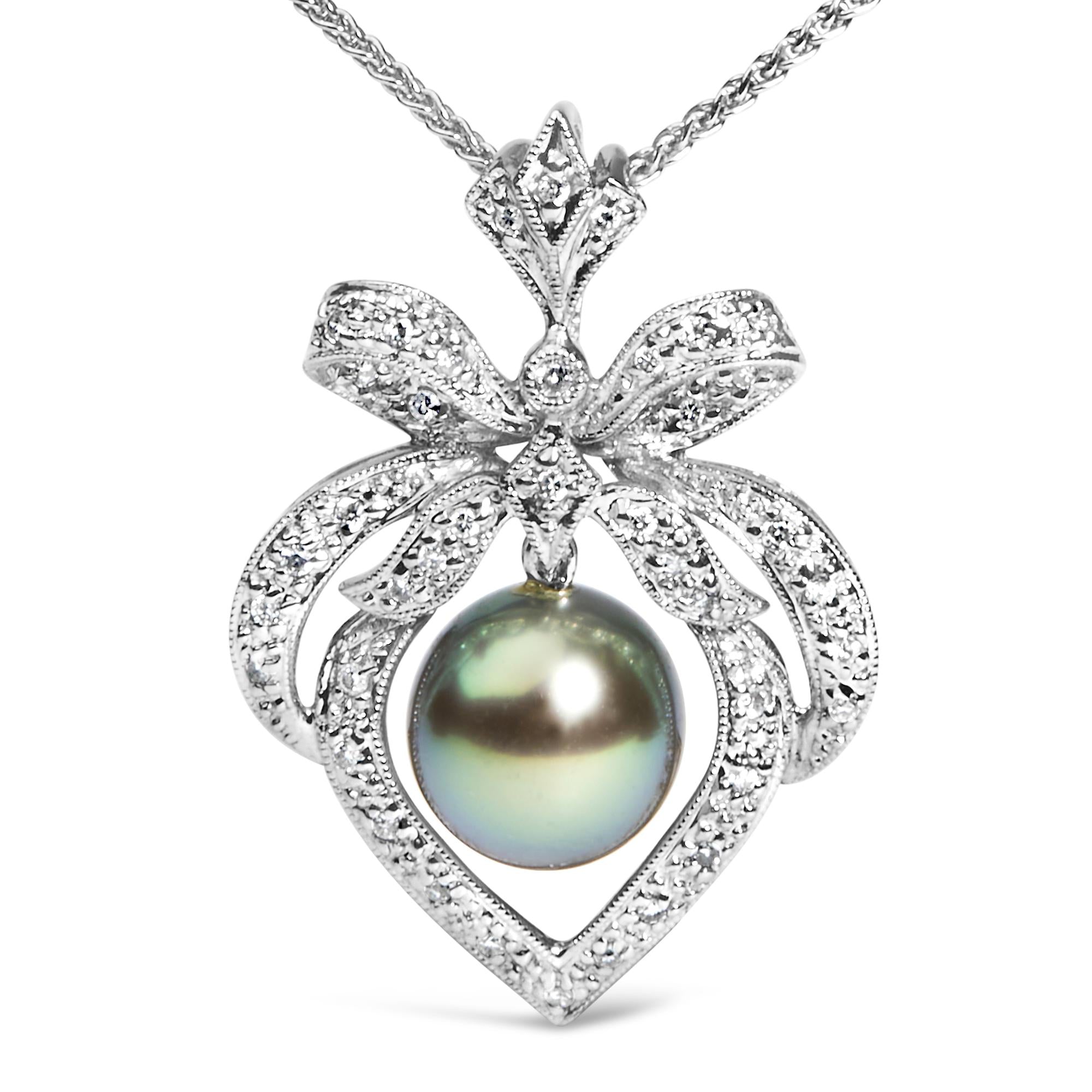 18K 3/4 Cttw Diamond and 12.5 MM Cultured Black Tahitian Pearl Heart Pendant Necklace (G-H Color, SI1-SI2 Clarity) - 18" Inches-1