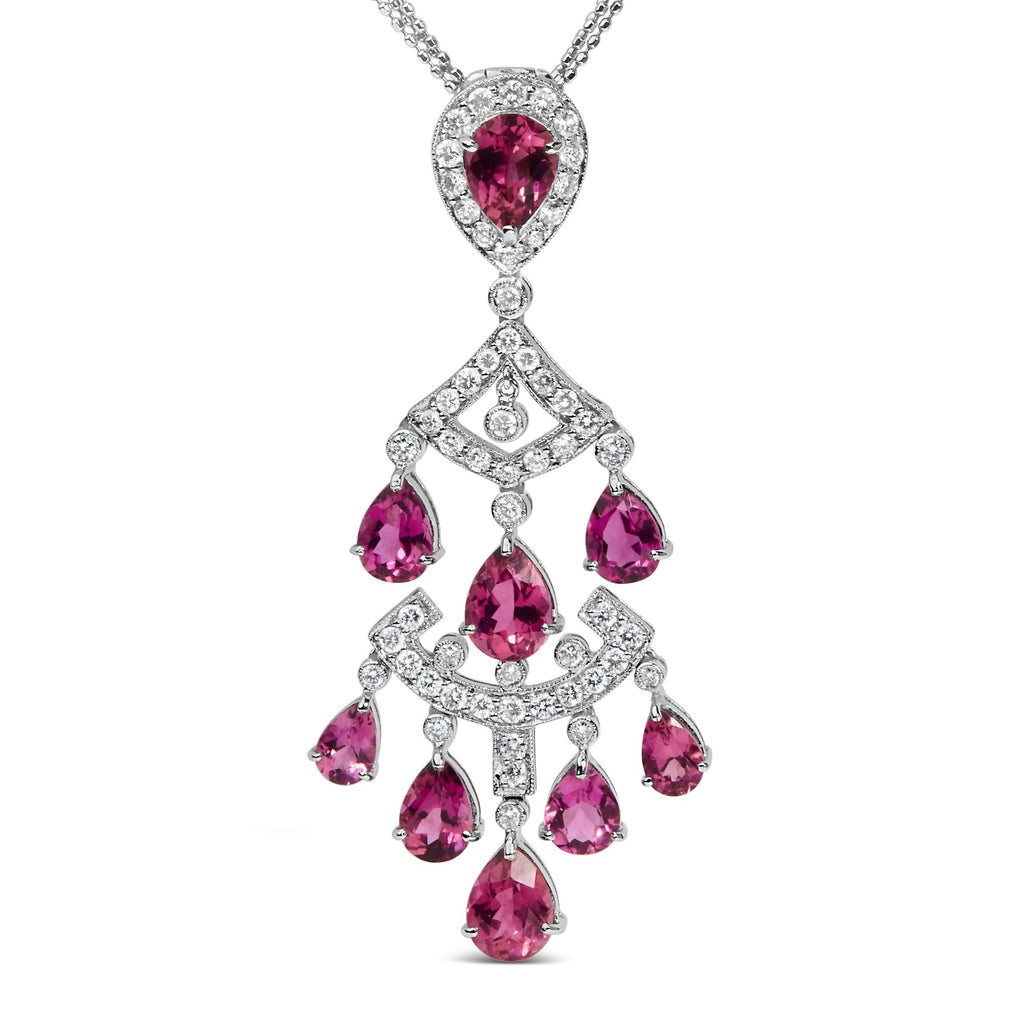 18K White Gold 1 1/10 Cttw Diamond and Pink Tourmaline Double-Strand Art Deco Inspired Chandelier 18" Pendant Necklace (F-G Color, VVS2-VS1 Clarity)-1