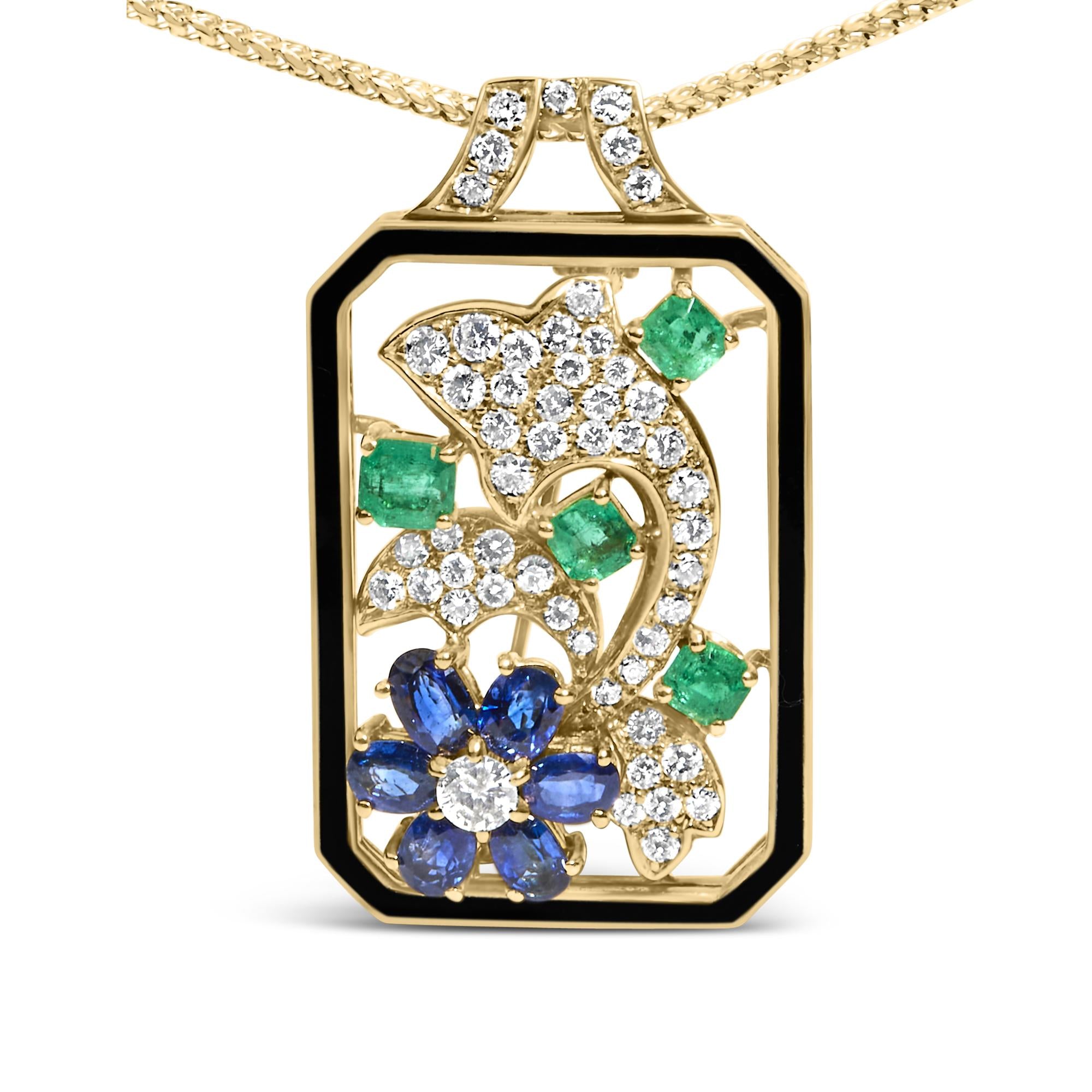 18K Yellow Gold 2 1/3 Cttw Diamond, Sapphire, and Emerald Dog Tag with Dolphin Silhouette Convertible 18" Pendant Necklace and Brooch (G-H Color, SI1-SI2 Clarity)-1