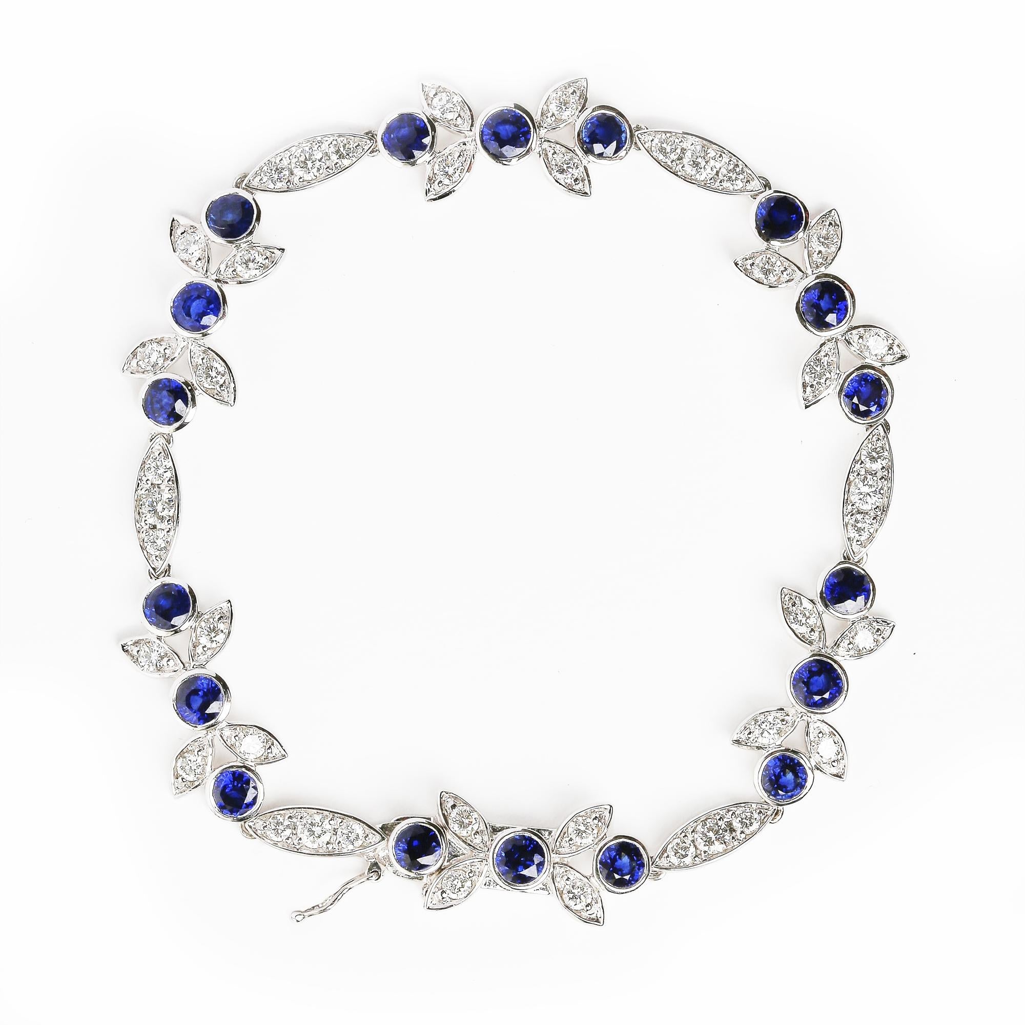 18K White Gold 1 3/4 Cttw Diamond and 3x3mm Round Blue Sapphire Gemstone Floral Link Bracelet (G-H Color, SI1-SI2 Clarity) - Size 7"-1