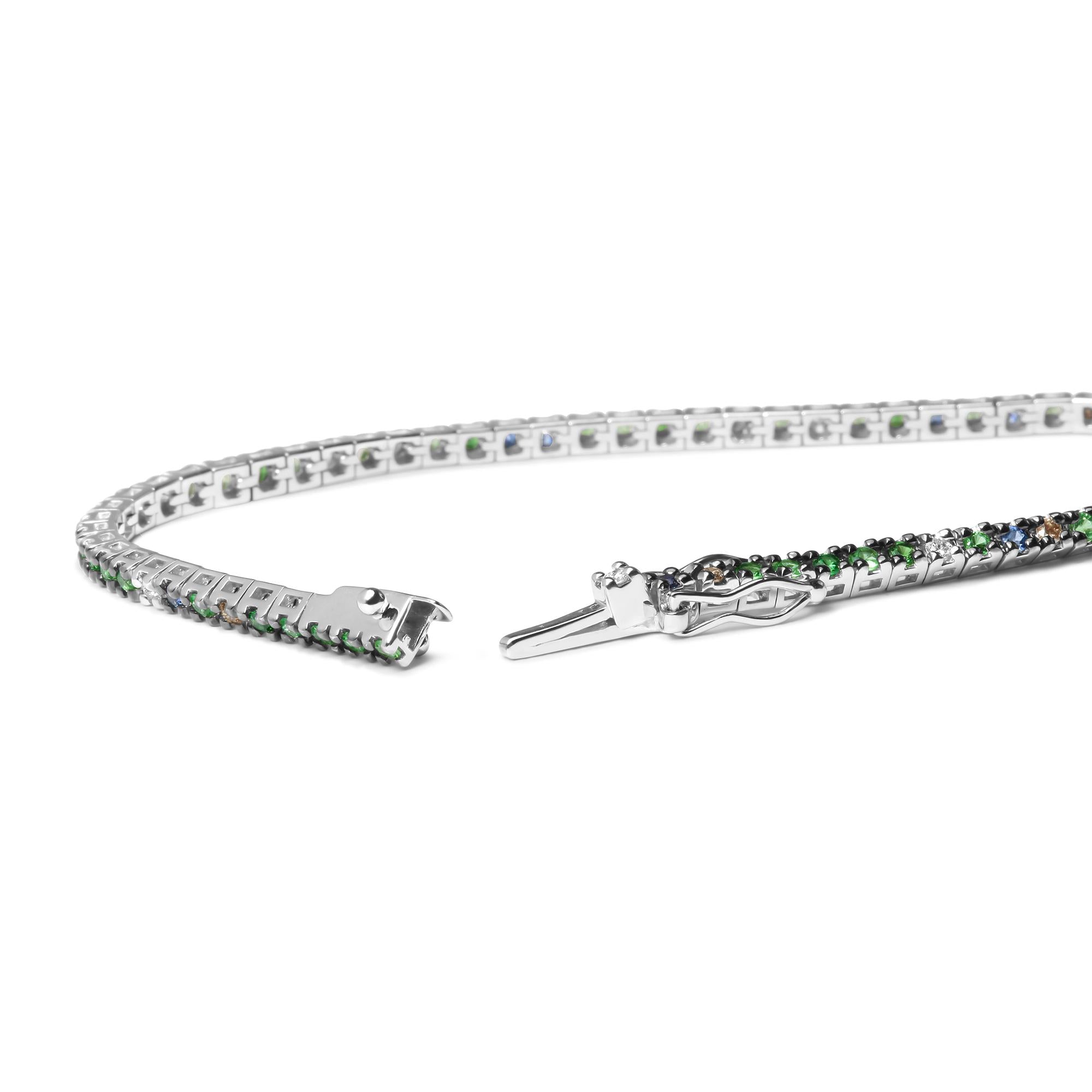 18K White Gold 3/8 Cttw Diamond with Blue Sapphire and Green Tsavorite Gemstone Multi-Colored Tennis Bracelet (Brown and G-H Color, SI1-SI2 Clarity) - Size 7"-1