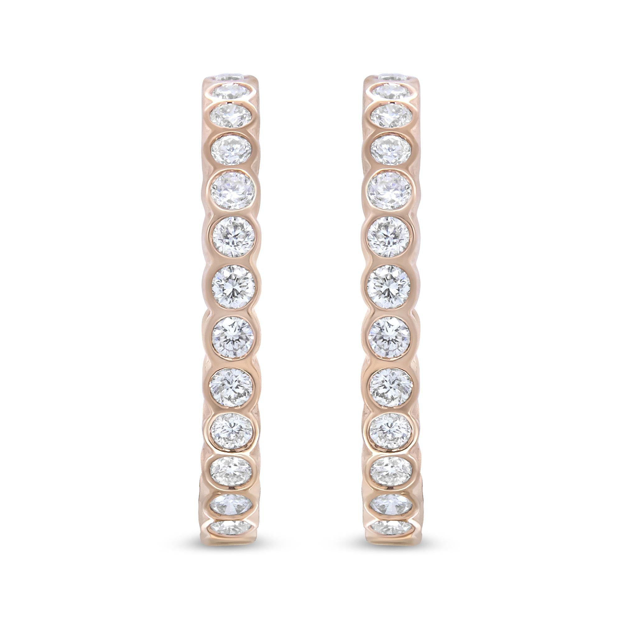 18K Rose Gold 1 Cttw Round Bezel-Set Diamond Hoop Earrings (F-G Color, VS1-VS2 Clarity)-1
