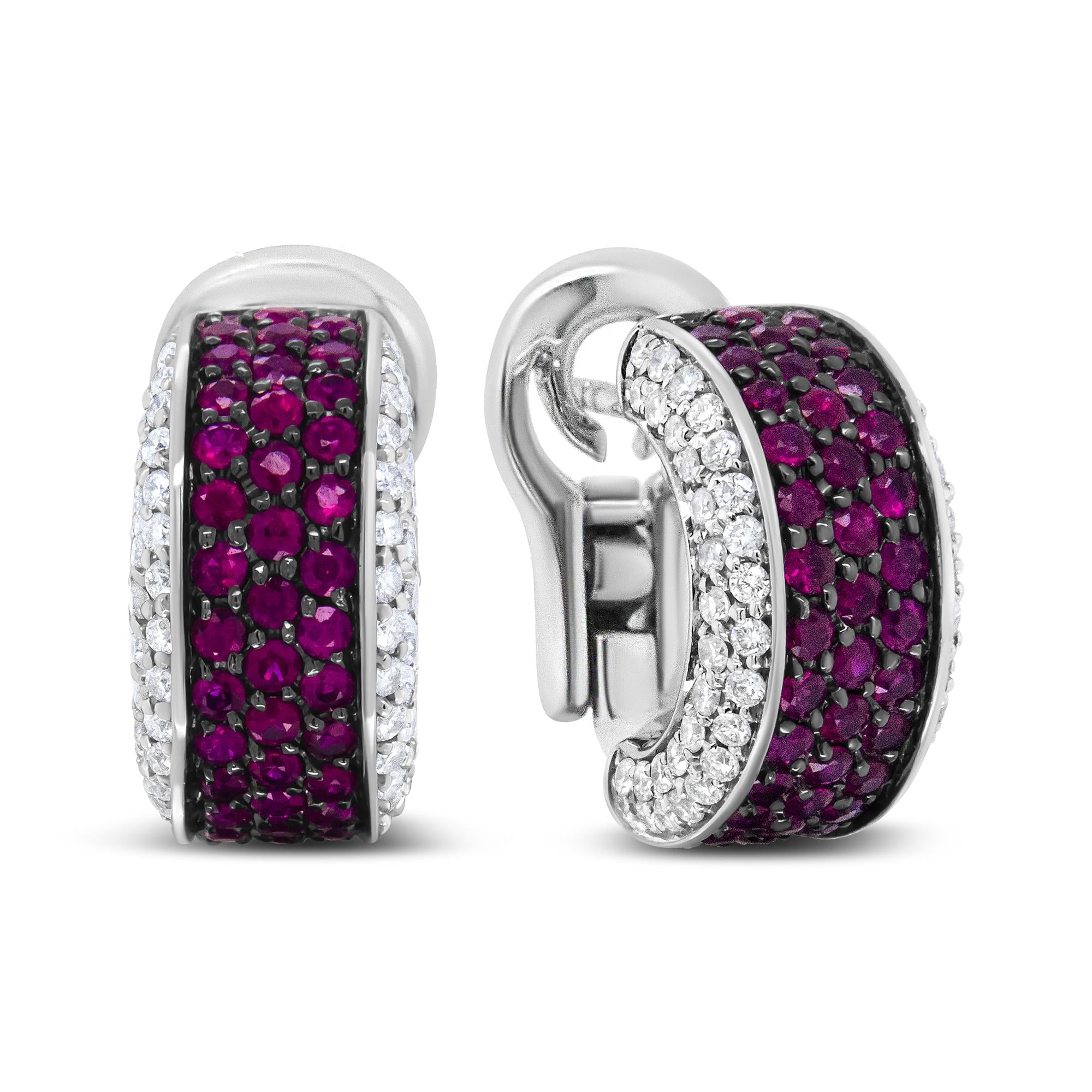 18K White Gold and Black Rhodium Plated 3/4 Cttw Round Diamonds and 1mm Round Red Ruby Huggie Hoop Earrings (F-G Color, VS1-VS2 Clarity)-1