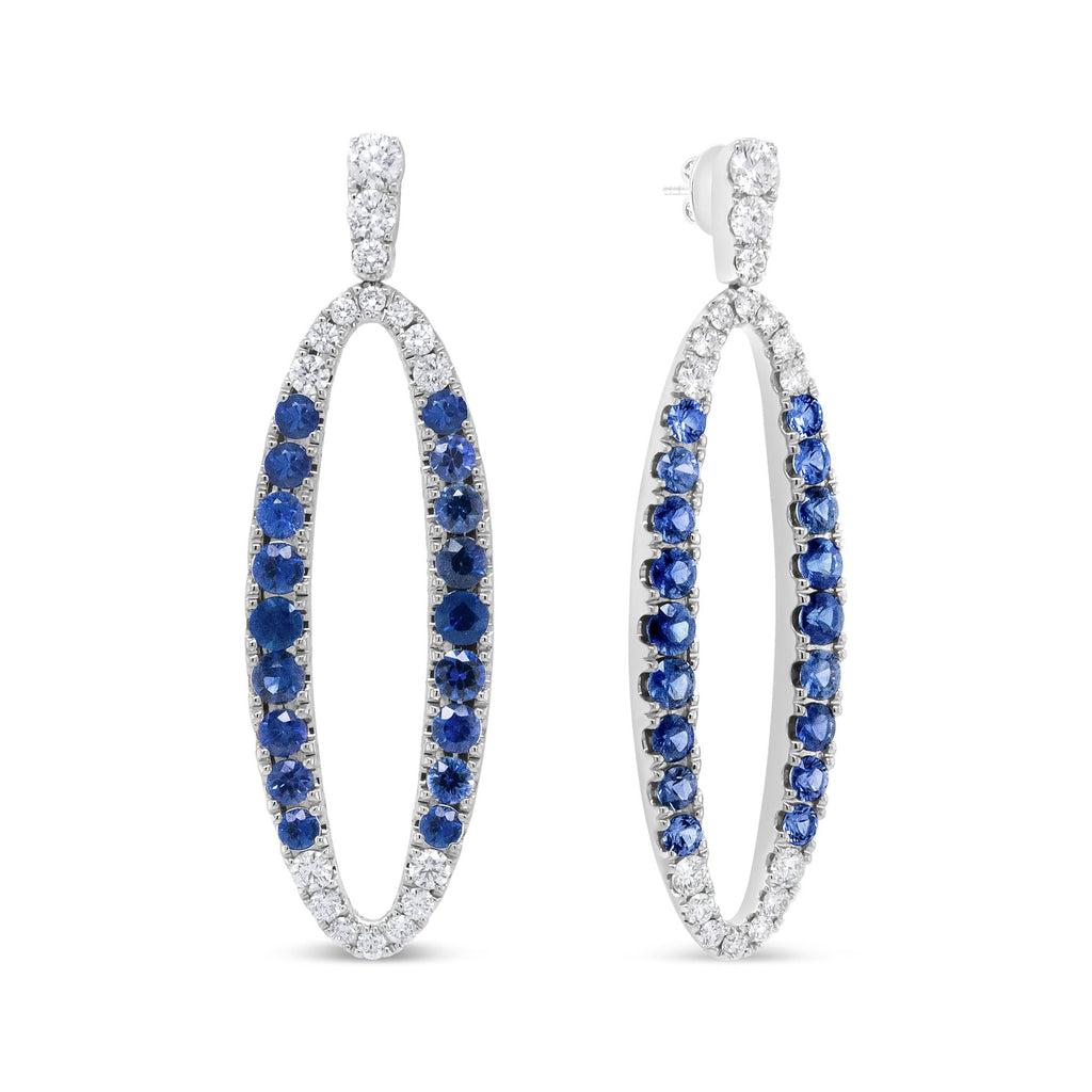18K White Gold 1.11 Cttw Blue Round Diamond and Blue Sapphire Openwork Oval Shaped Dangle Earrings (F-G Color, VS1-VS2 Clarity)-1