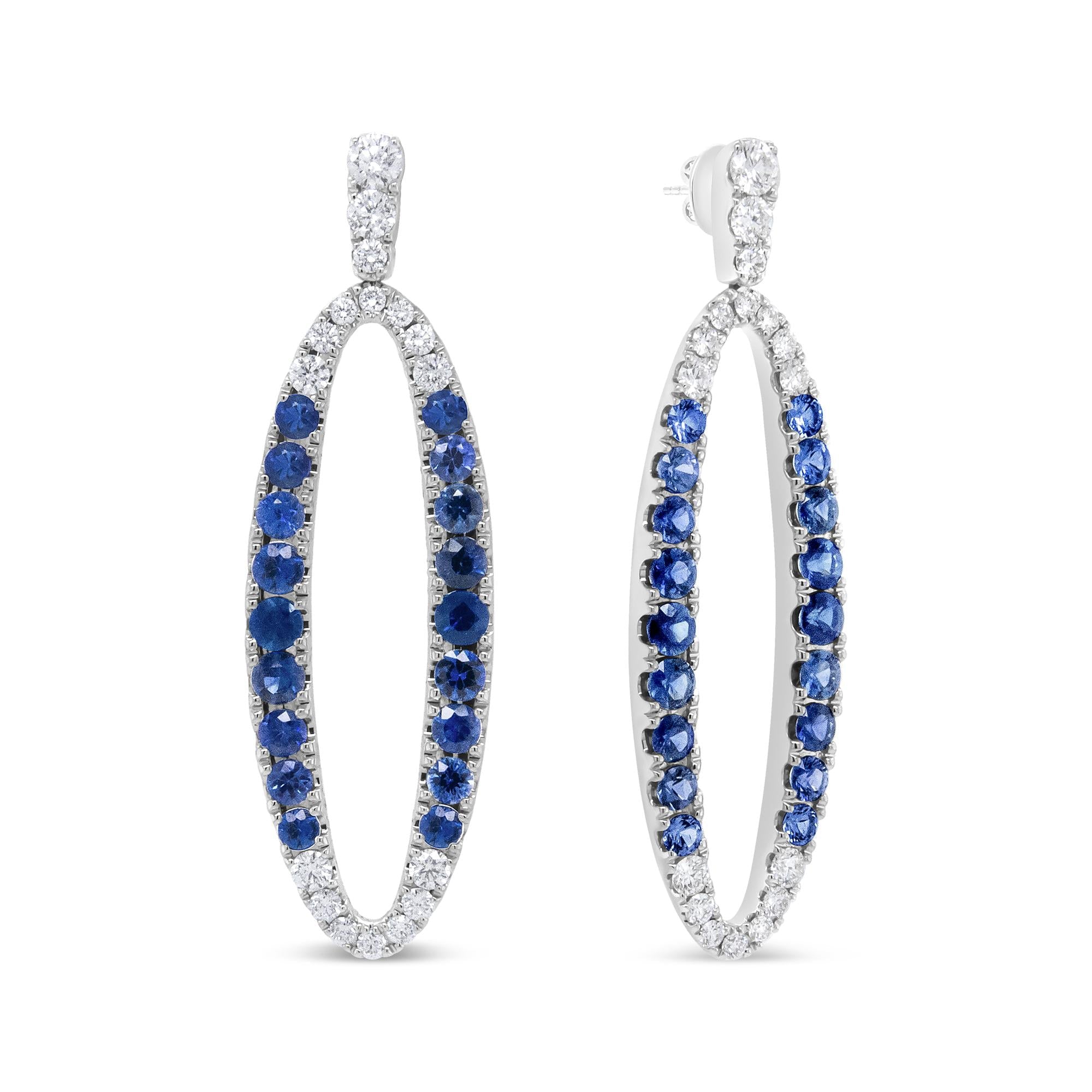 18K White Gold 1.11 Cttw Blue Round Diamond and Blue Sapphire Openwork Oval Shaped Dangle Earrings (F-G Color, VS1-VS2 Clarity)-1