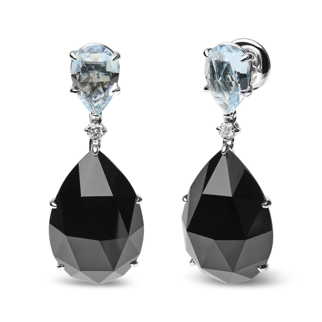 18K White Gold 1/5 Cttw Diamond with Pear Cut Sky Blue Topaz and Pear-Cut Black Onyx Gemstone Dangle Earring (G-H Color, SI1-SI2 Clarity)-1